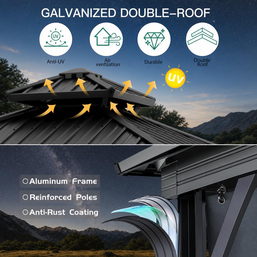 Takywep 10x10 FT Outdoor Hardtop Gazebo, Double Roof Patio Gazebo with Galvanized Steel Roof, Rust-Resistant Aluminum Frame, Drainage System, Curtains and Mesh Netting for Backyard, Deck, and Patio