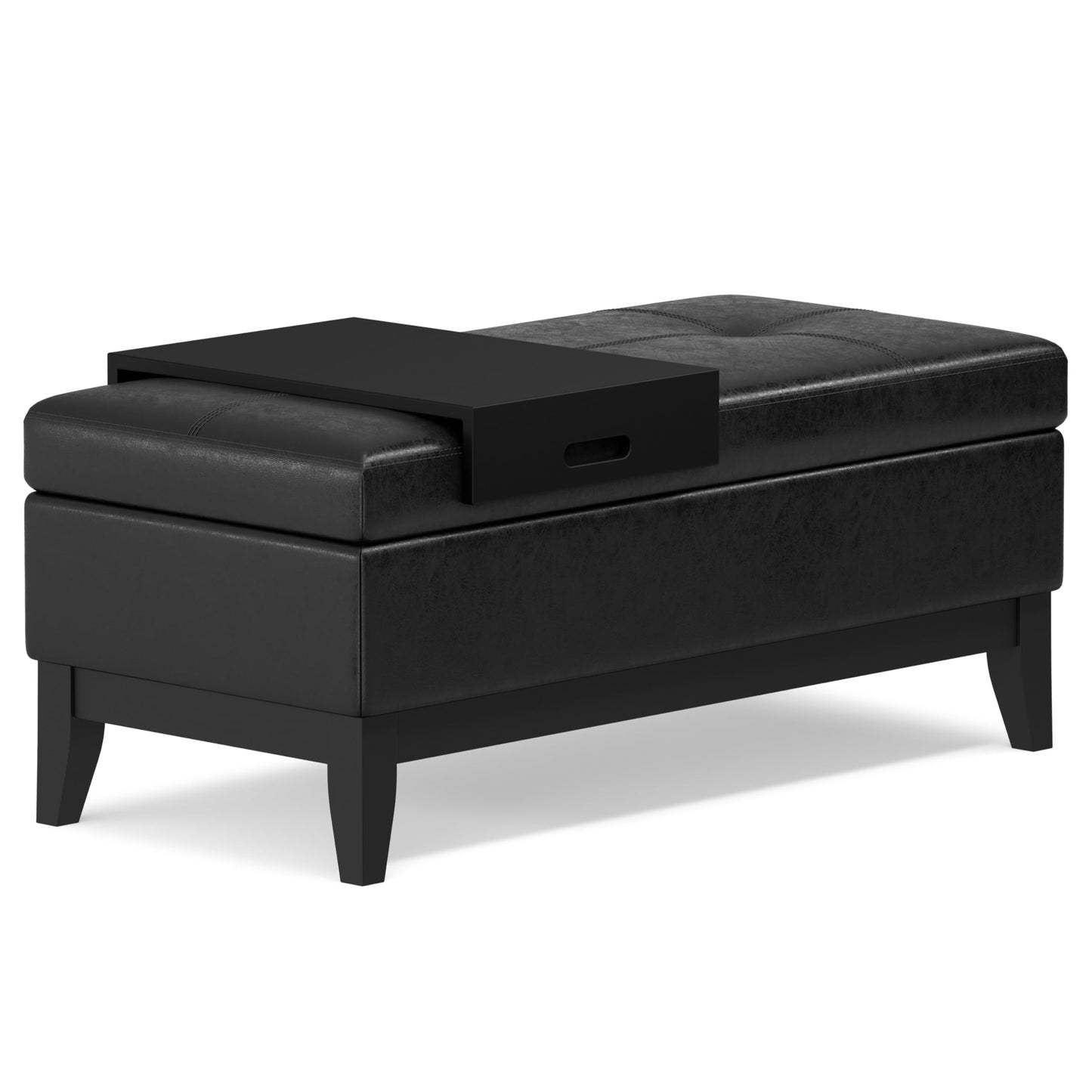 SIMPLIHOME Oregon Storage Ottoman Bench with Tray - 42 inch Wide Upholstered Vegan Leather Rectangle Ottoman Bench in Distressed Black, Transitional Tufted Ottoman for Living Room with Lift-Up Lid
