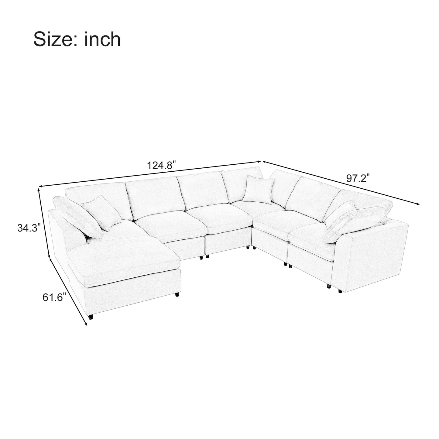 124.8" W Large Modular Sectional Sofa L Shaped Modern Couch with Ottoman, Deep Seat and Wide Chaise for Living Room, Beige