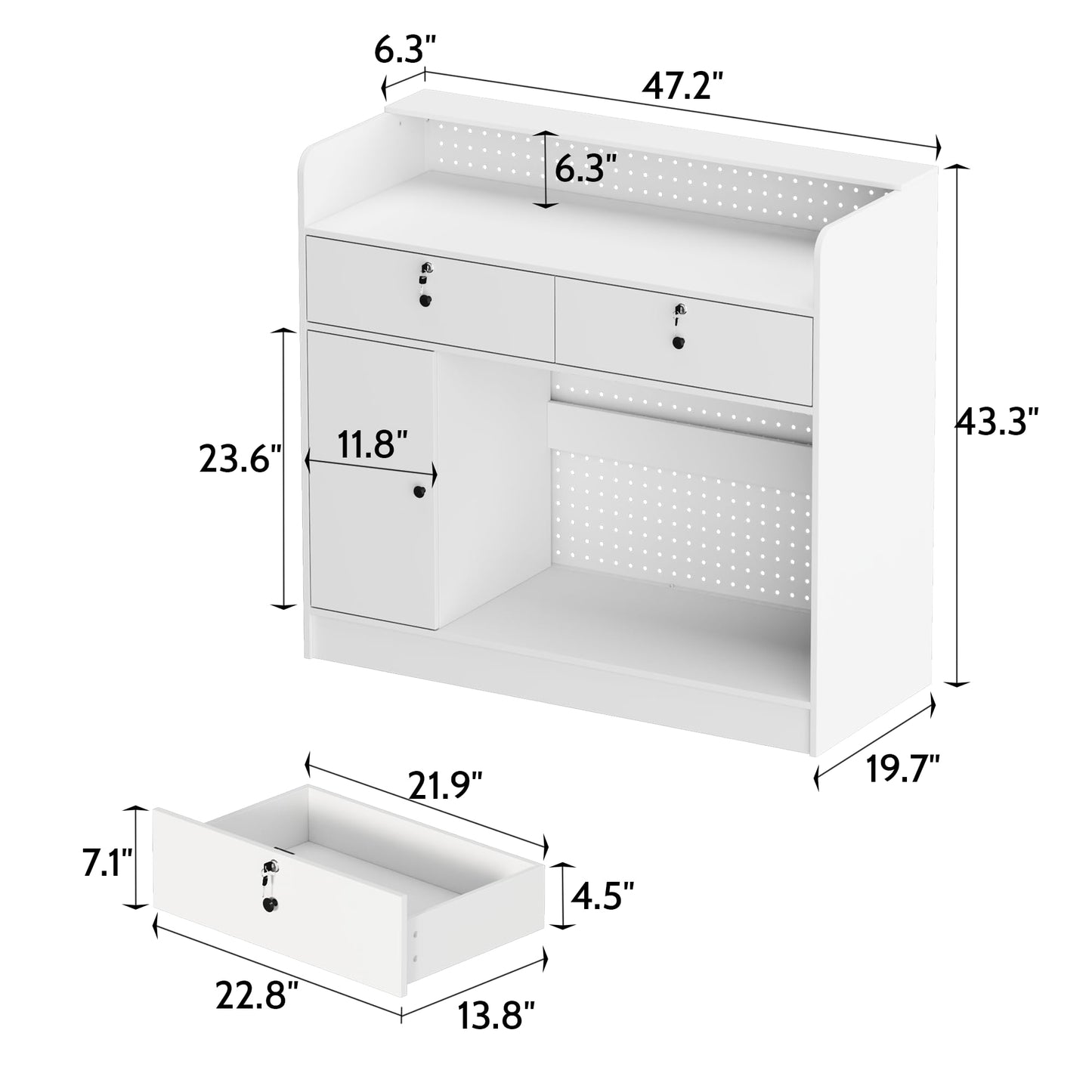 ROMSHINE Reception Desk with Counter, Lockable Drawers and Pegboard, 47.2 inch Wide Front Desk Modern Reception Room Table, Checkout Counter Salon Reception Table, White