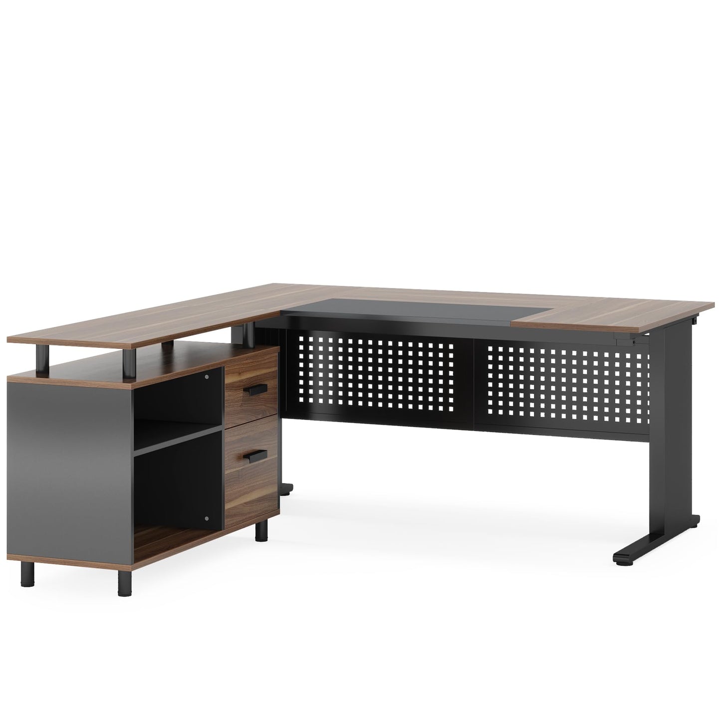 LITTLE TREE Large Computer Desk with File Cabinet, 63 Inch L Shaped Executive Office Desk with Drawers and Storage Shelves, Business Furniture Workstation for Home Office