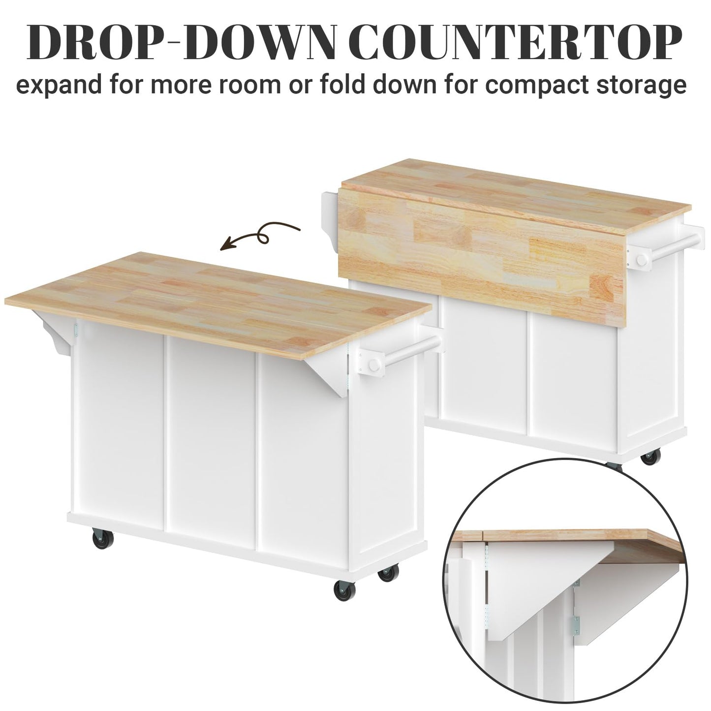 Rovibek Kitchen Island with Drawers 53 in Rolling Island Cart Mobile Portable Islands on Wheels Solid Wood Island with Storage Cabinet & Drawers, Bright White
