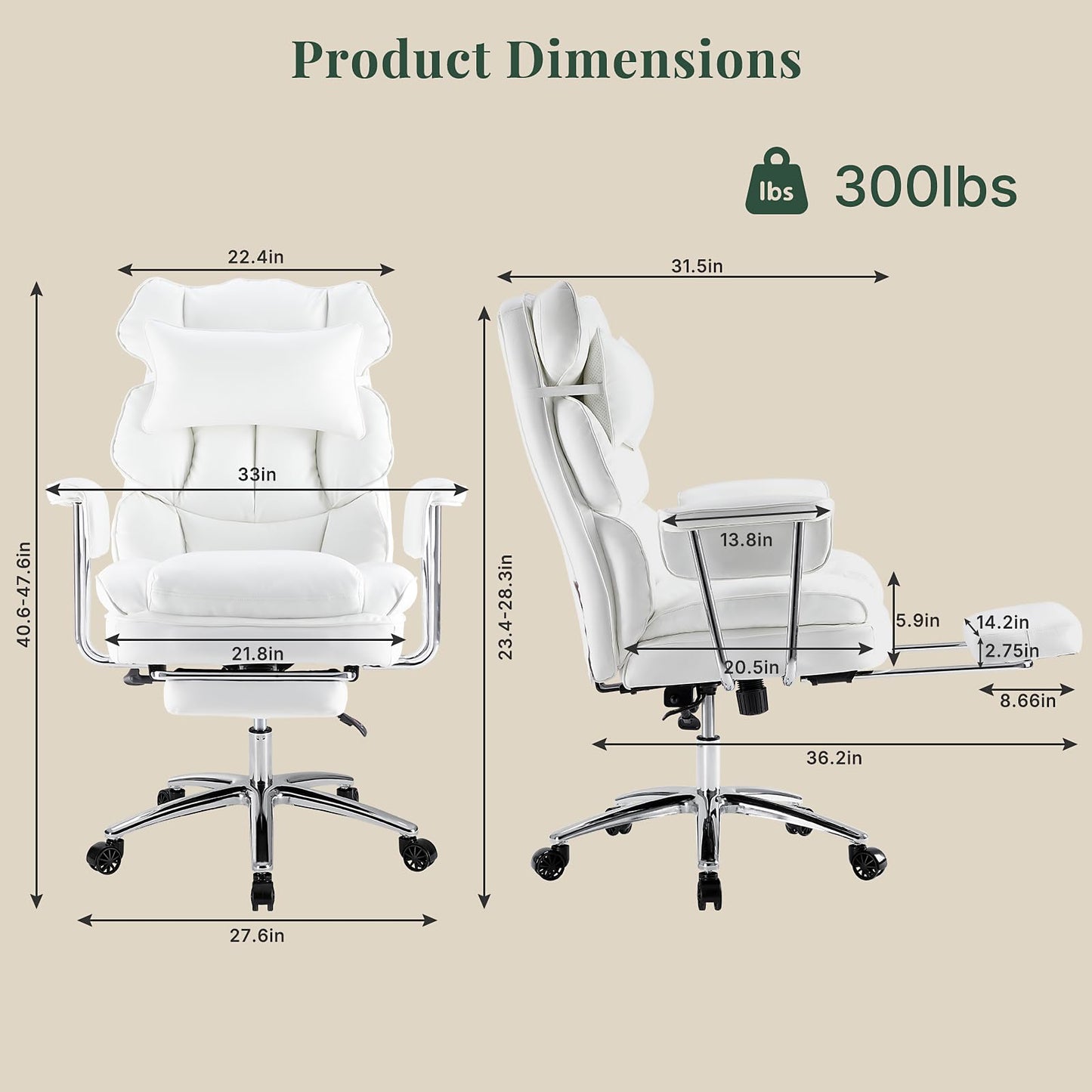 HAPPYMONT Executive Ergonomic Office Chair, PU Leather High Back Reclining Office Chair with Footrest and Lumbar Support, Height Adjustable Rolling Swivel Computer Chair for Home Office,White