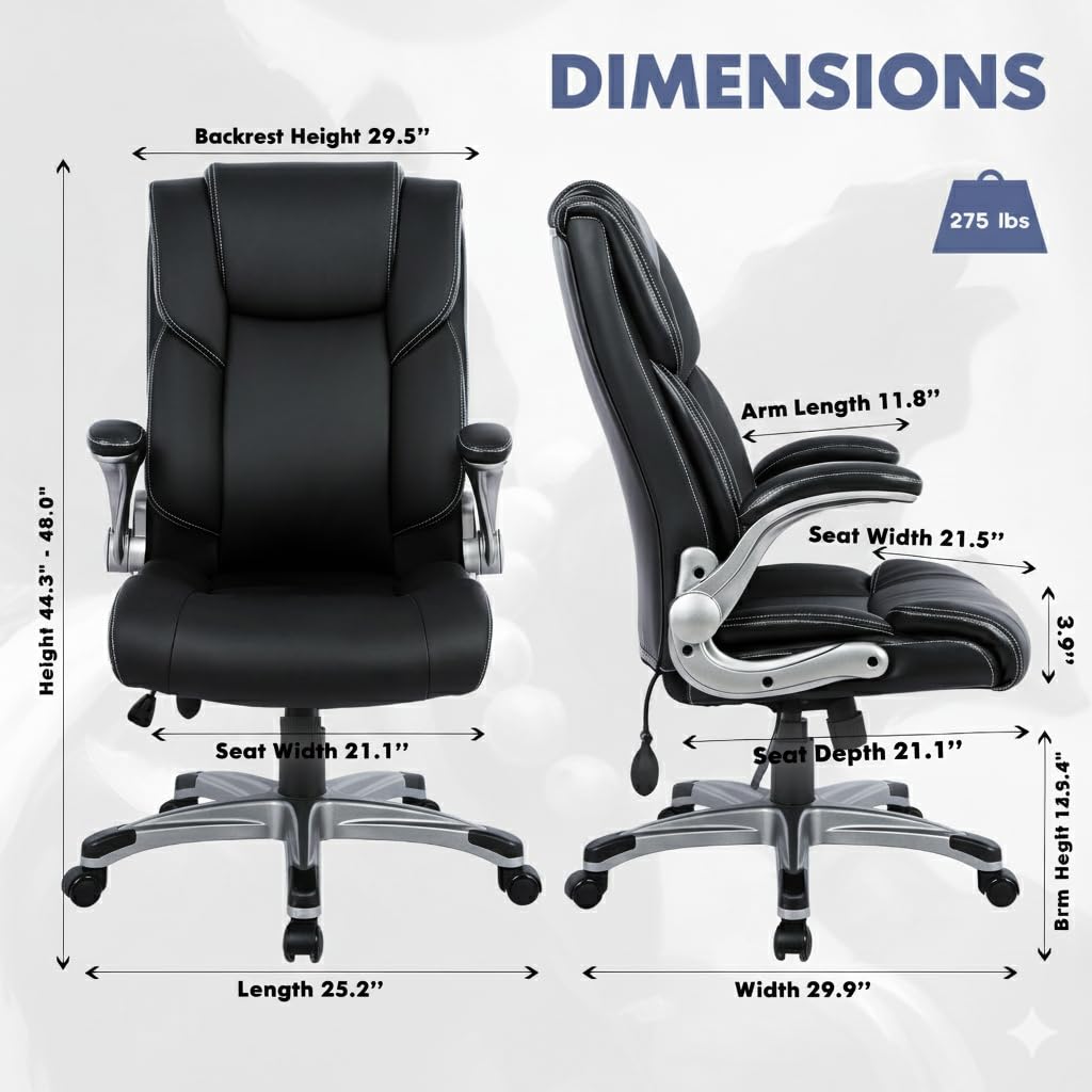 COLAMY Ergonomic Executive Office Chair with Lumbar Support, Flip-Up Arms, Bonded Leather High Back Desk Chair for Home Office & Workstation, Computer Chair for Adults Men Women, Black
