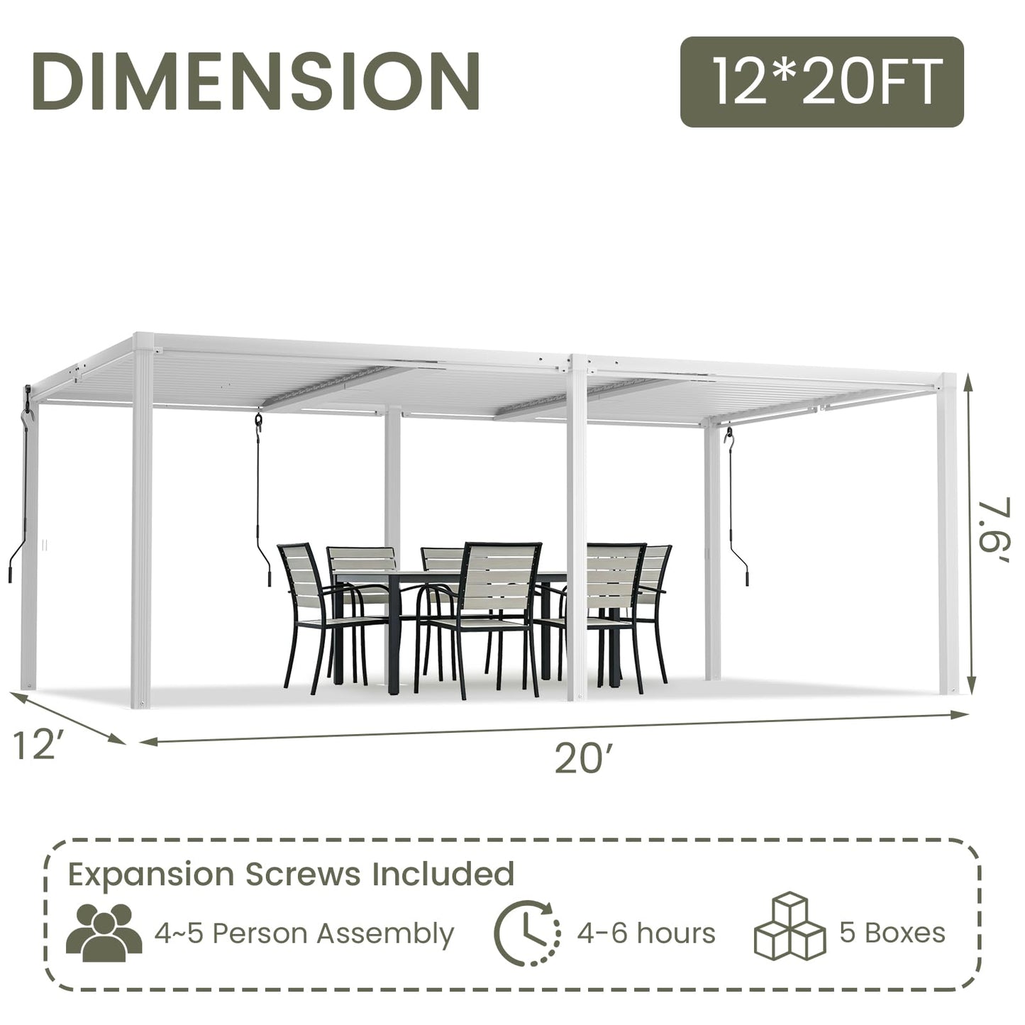 SAILARY Louvered Pergola 12' x 20', Large Outdoor Aluminum Pergola with Reinforced Steel Roof, Heavy-Duty Hardtop Gazebo for Patio Garden, Weatherproof Sun Shade Shelter, White