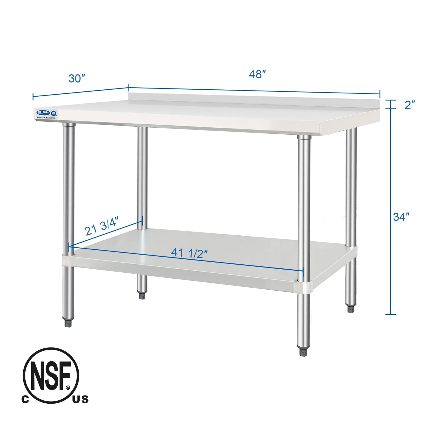 HARDURA Stainless Steel Table with backsplash 30 x 48 Inches Kitchen Prep Table Heavy Duty Stainless Steel Workbench NSF 304 Metel with Aluminium Corner Undershelf for Commercial Restaurant