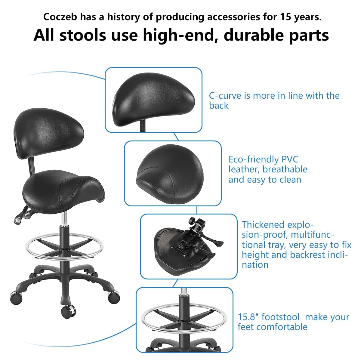 Ergonomic Adjustable Drafting Chair with Oversized Saddle Seat, Heavy-Duty Esthetician Stool for Salon Office Workshop Stool, Smooth Casters for Hard Soft Floors(with Backrest/Footrest,Black)