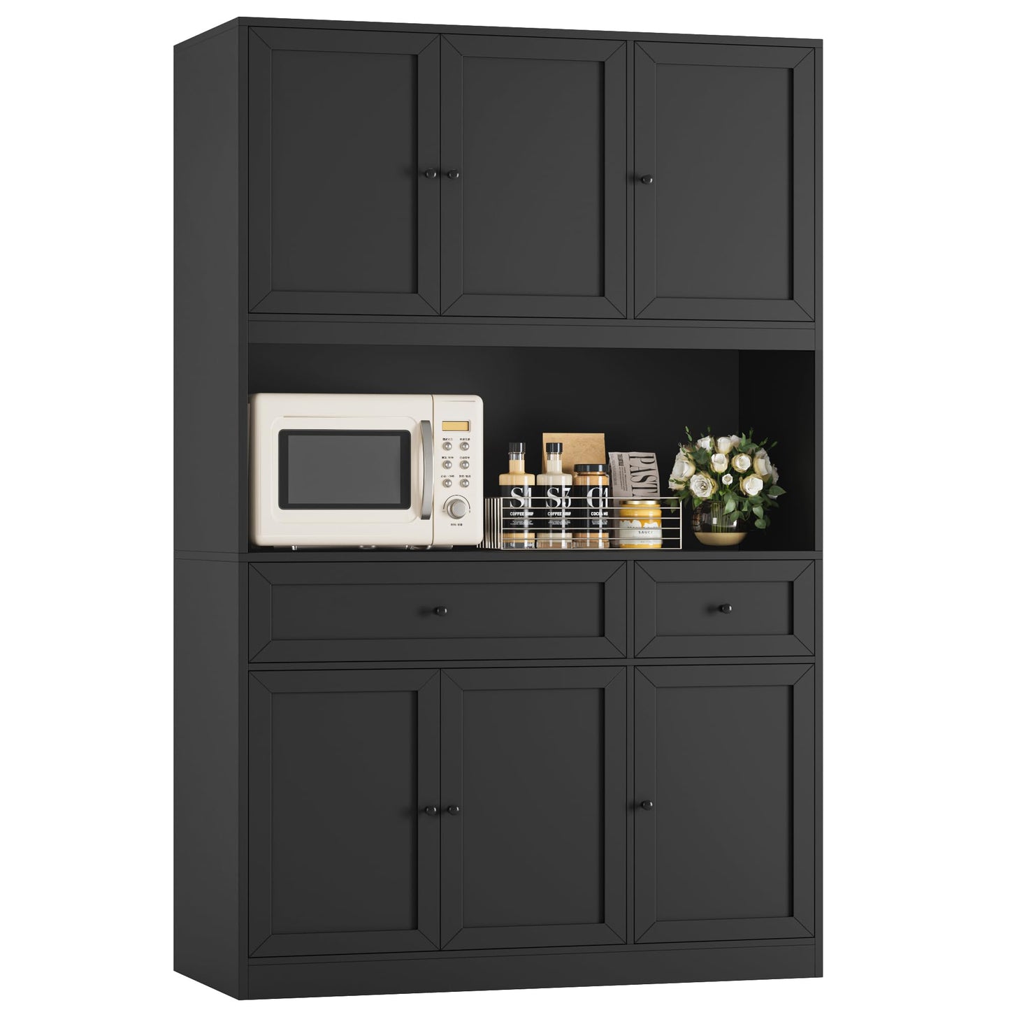 BOTLOG 72" Kitchen Pantry Cabinet, Kitchen Hutch with Microwave Stand, Buffet Cabinet with Hutch for Dining Room, Black