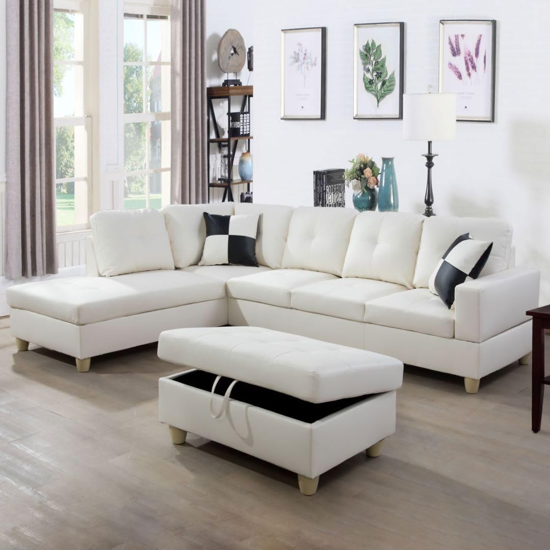UOCFYK White L-Shaped 3-Piece Faux Leather Sofa with Storage Ottoman Set, Sectional Couch Leather-Like Sofa Set for Living Room, Office, Small Space