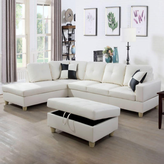 UOCFYK White L-Shaped 3-Piece Faux Leather Sofa with Storage Ottoman Set, Sectional Couch Leather-Like Sofa Set for Living Room, Office, Small Space