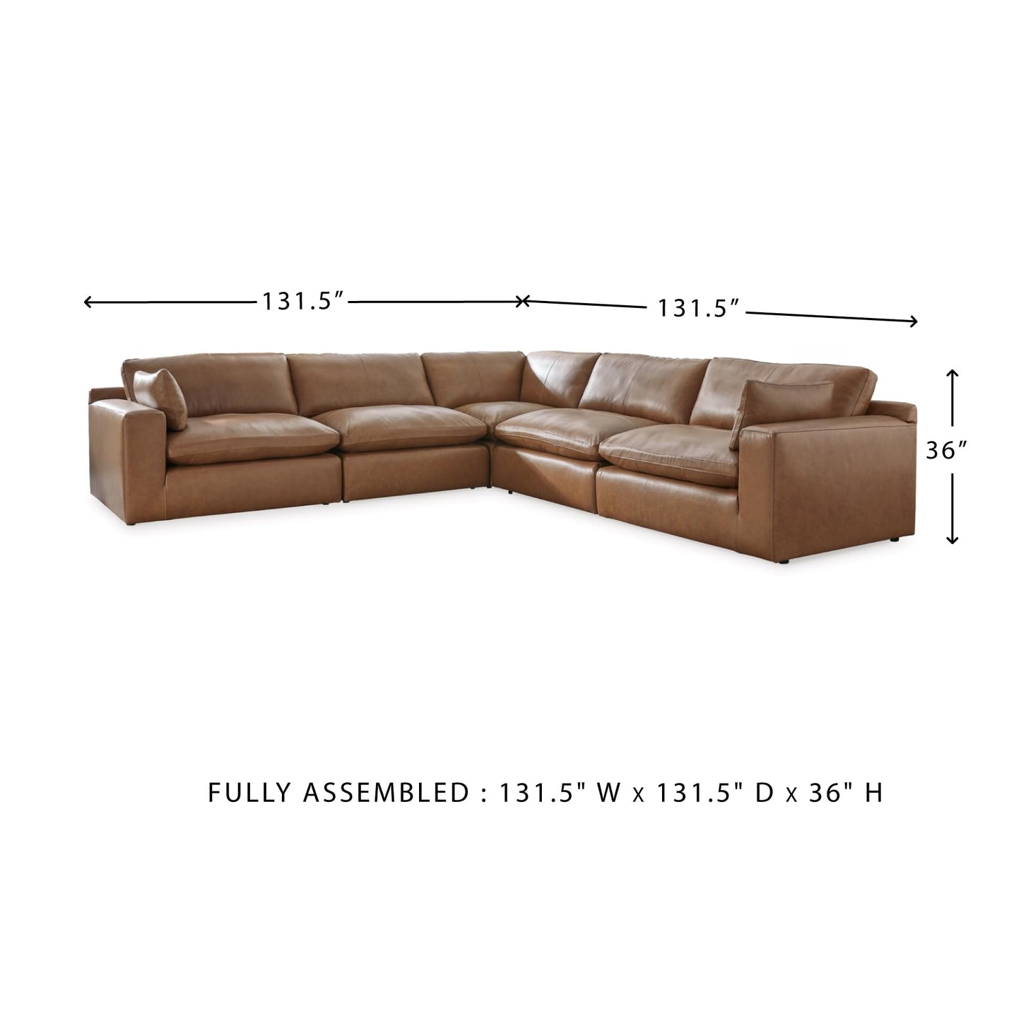 Signature Design by Ashley Emilia Modern Modular Leather Match 5-Piece Sectional with Loose Back Cushions and 2 Bolster Pillows, Light Brown
