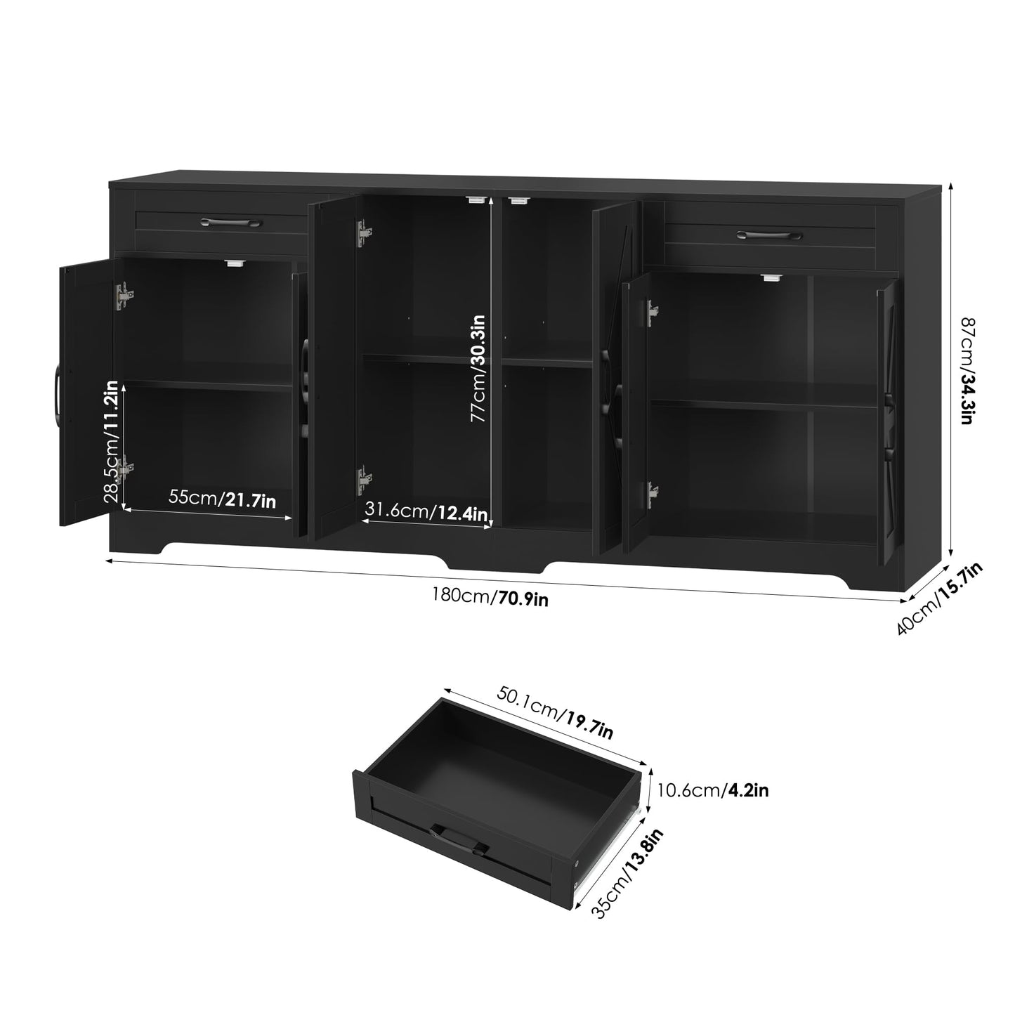 BOTLOG 71” Large Sideboard Buffet Cabinet with Storage, Farmhouse Kitchen Buffet Cabinet with Adjustable Shelves and 6 Barn Doors, Wood Coffee Wine Bar Console Table for Kitchen, Dining Room, Black