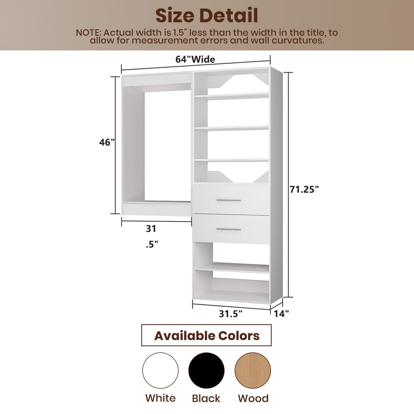 ROOMTEC Modular Closet System, 64" Wall Mounted Closet Organizer with Hanging Rods and Drawers, Wooden Tower for Walk-In Closets, Wardrobe Storage Kit, White