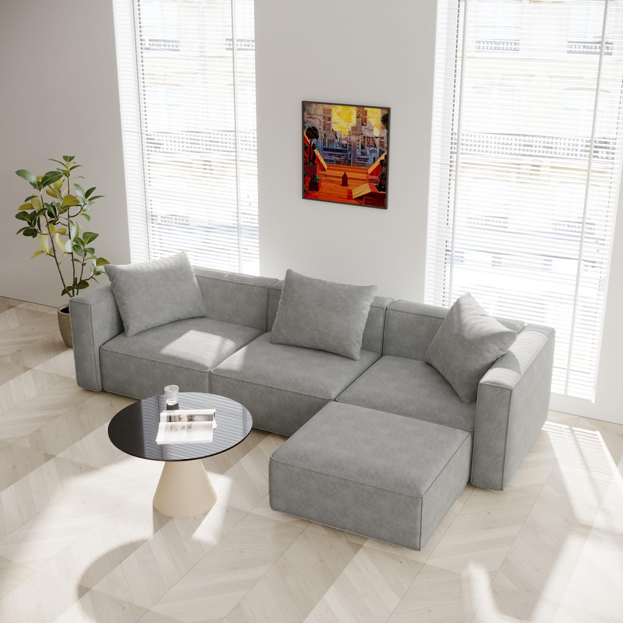 Acanva Luxury Modular Sectional Living Room Sofa Set, Modern Minimalist Style Couch with Ottoman and Chaise, L-Shape, Grey