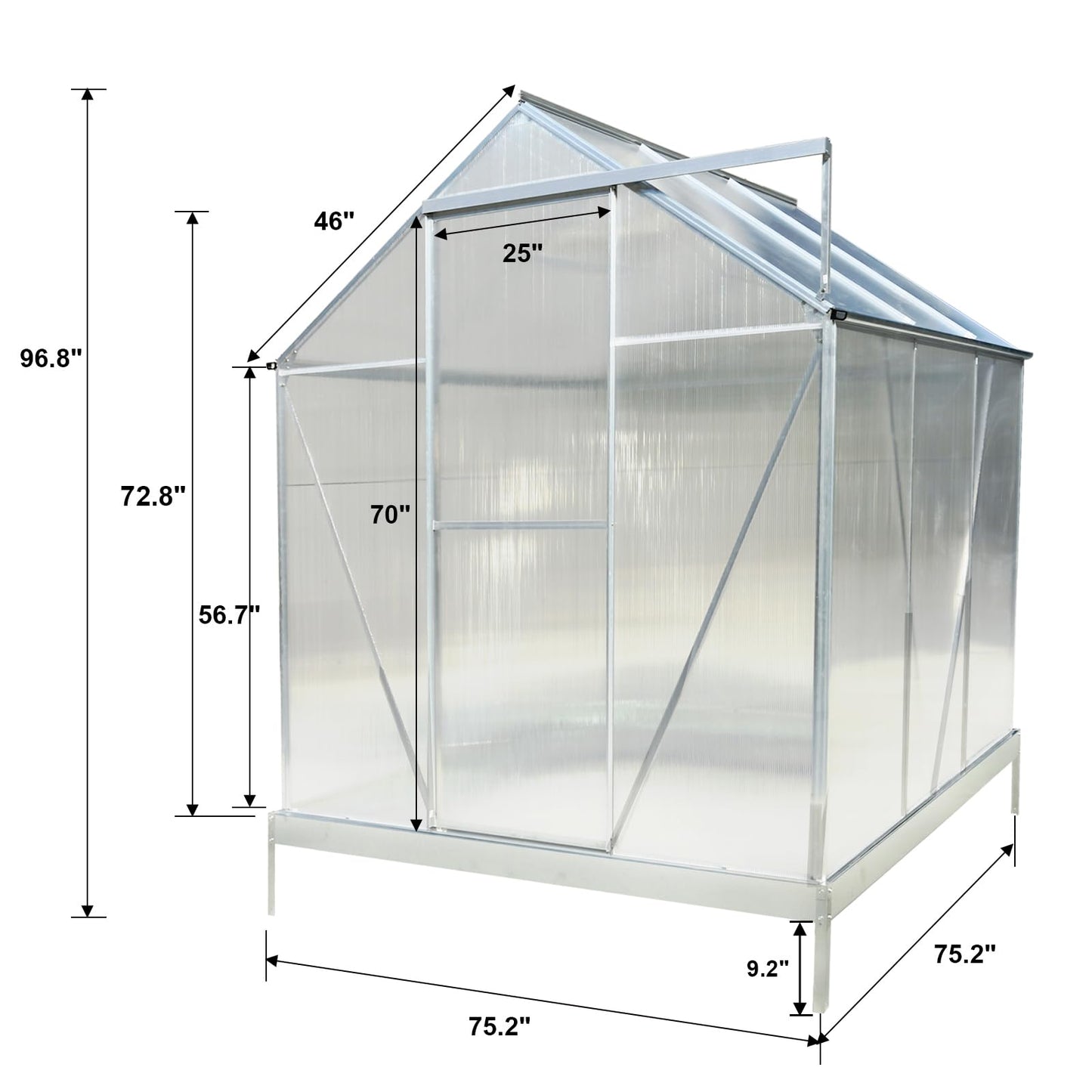 KEIKI 6.3x6.2FT Polycarbonate Greenhouse Walk-in Heavy Duty Outdoor with Aluminum Frame, Clear Panels, Rain Gutter, Adjustable Vent, Sliding Door for Backyard Nursery, UV Safe, Silver