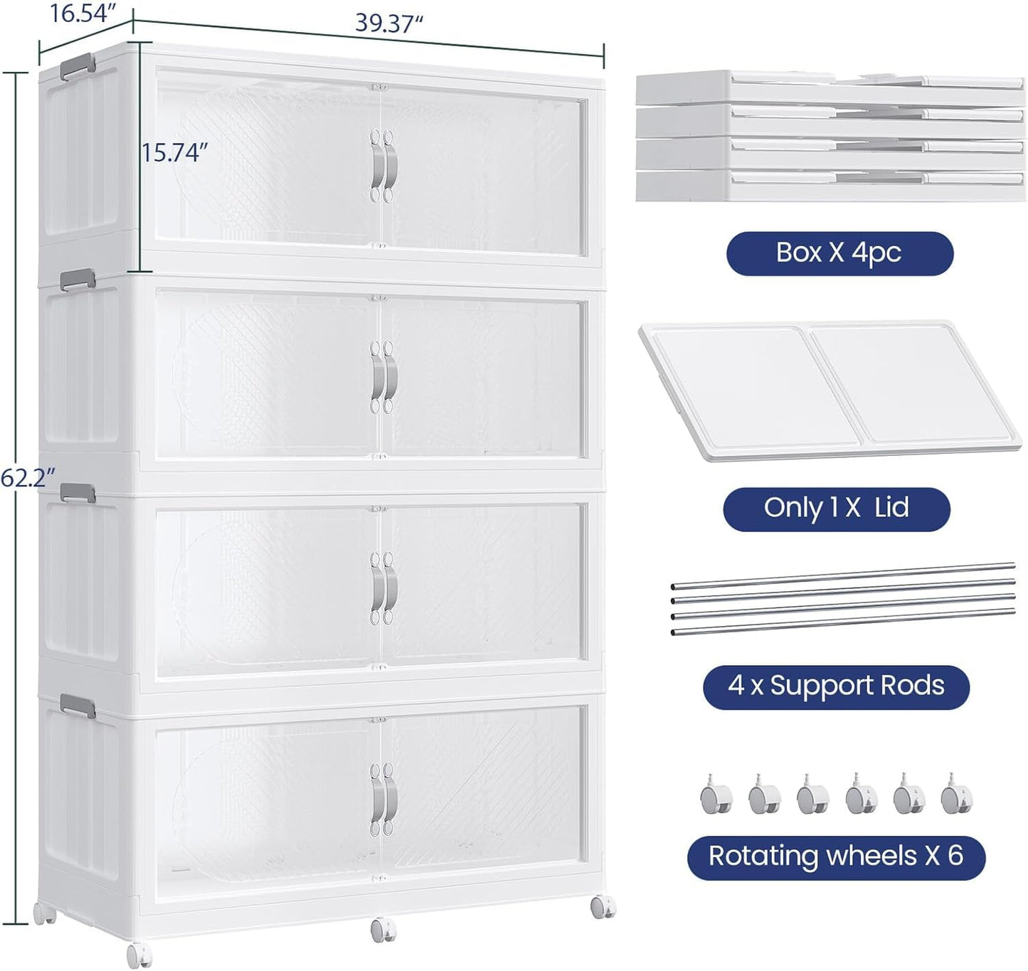 QAVABIN 1280QT Extra Large Stackable Storage Bins with Lid, 320Gal Plastic Closet Organizers and Storage Drawer, Collapsible Cabinet Box with Wheels Clear Doors for Home Kitchen Office, 4Pack White