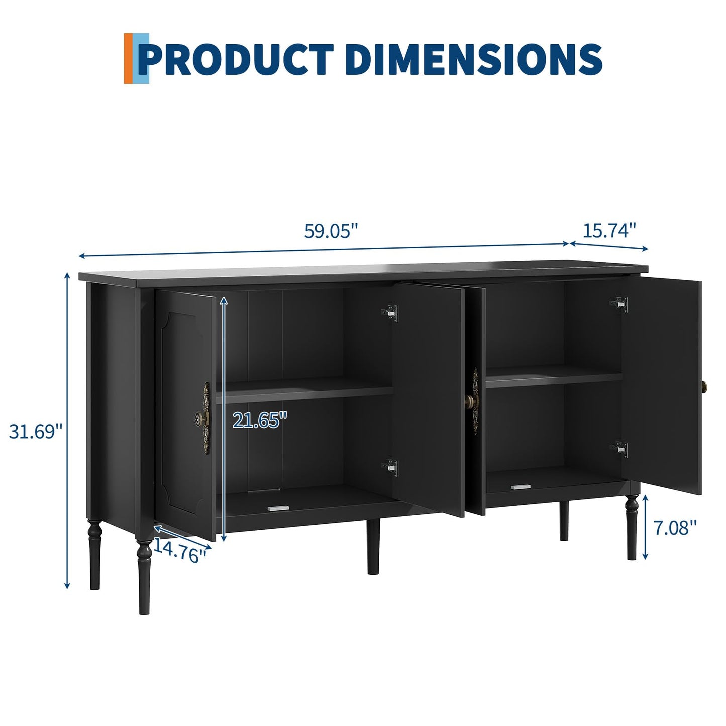 MilleLoom 59" W Buffet Cabinet with Storage, Kitchen Storage Cabinet Wood Console Table Coffee Bar Accent Cabinets for Living Room Dining Room Entryway, Black
