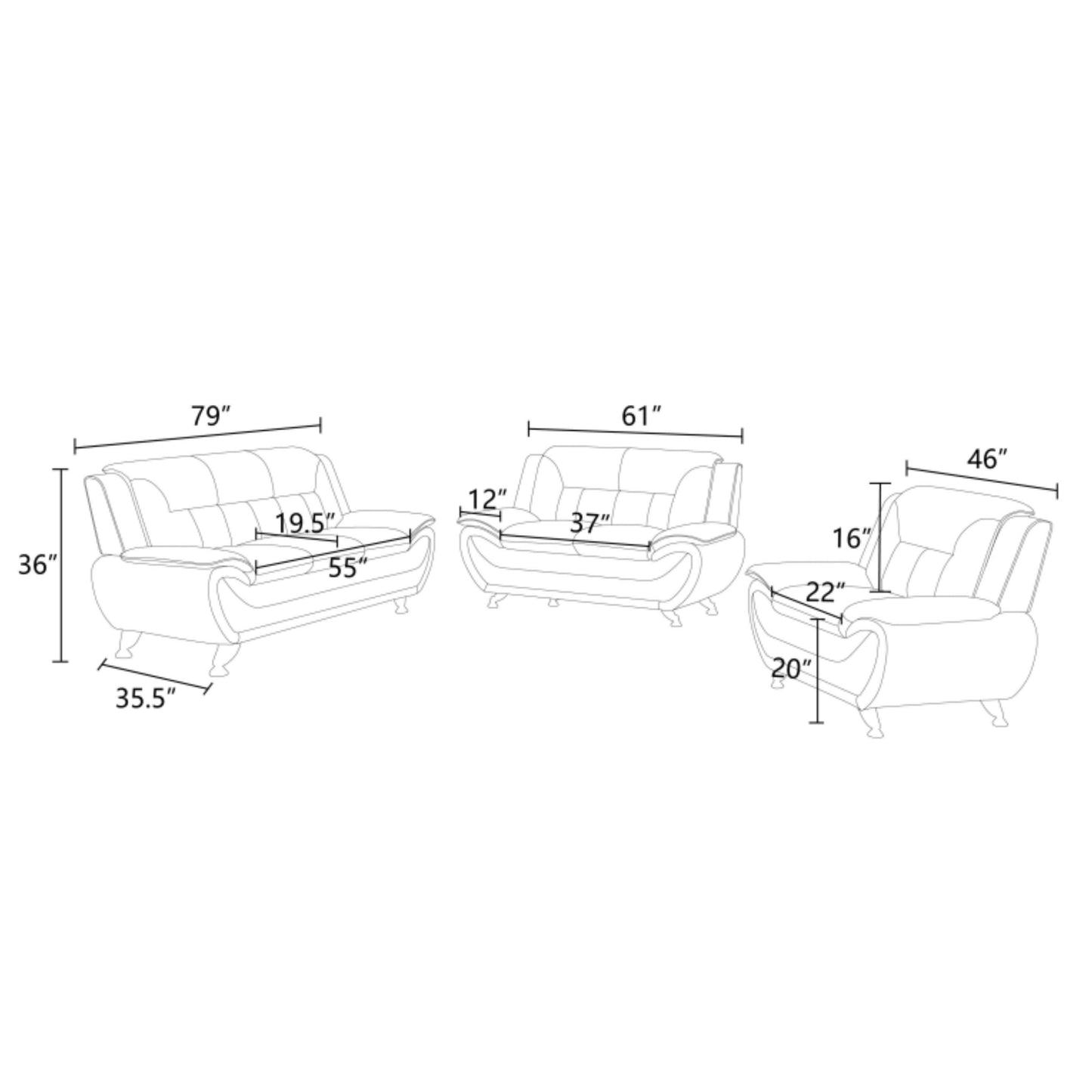 Trygoal 3 Piece Sofa Sets for Living Room, Modern Sectional Couch and Loveseat & Armchair Set, Mid-Century Furniture Sets for Living Room, Apartment, Office, Red