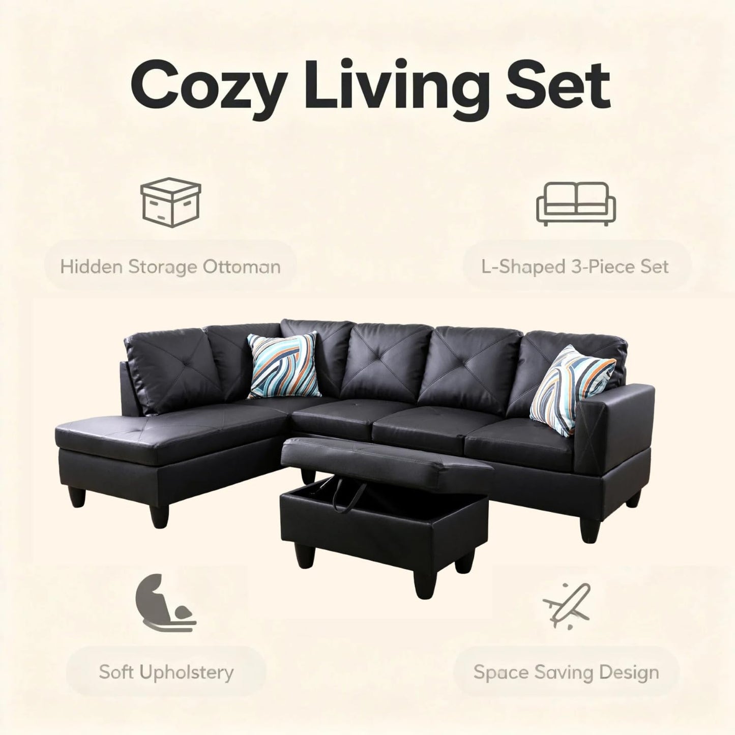 Trygoal 97 inch L-Shape Sofa with Storage Ottoman, Leather Sectional Couch with Left Chaise, Modern 3-Piece Sofa Set, Upholstered Couch Set with Solid Wood Frame for Apartment, Loft, Black