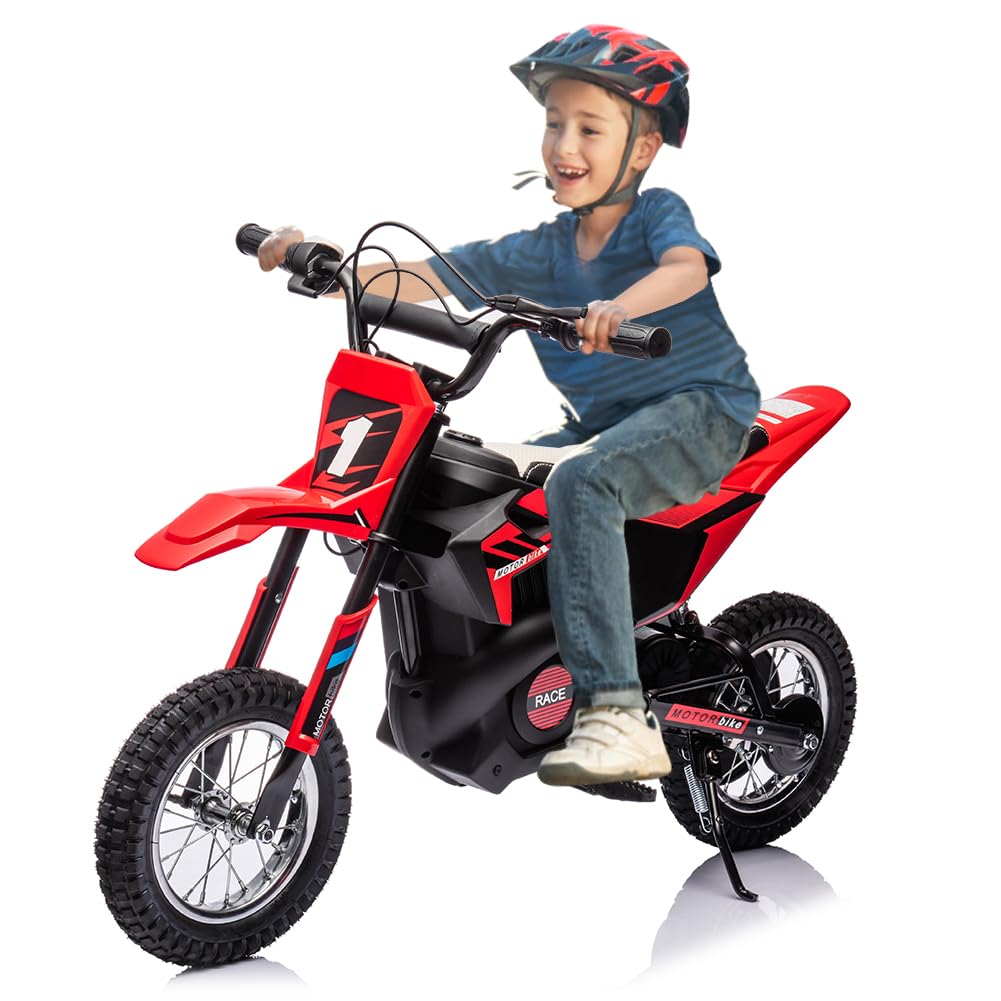 Garvee 24V Kids Electric Off-Road Motorcycle, Ride on 250W Motor 13.6MPH Fast Speed Dirt Bike, Leather Seat, Twist Grip Throttle, Metal Suspension, Air-Filled Tires for Kids Teens Riding Toy, Red
