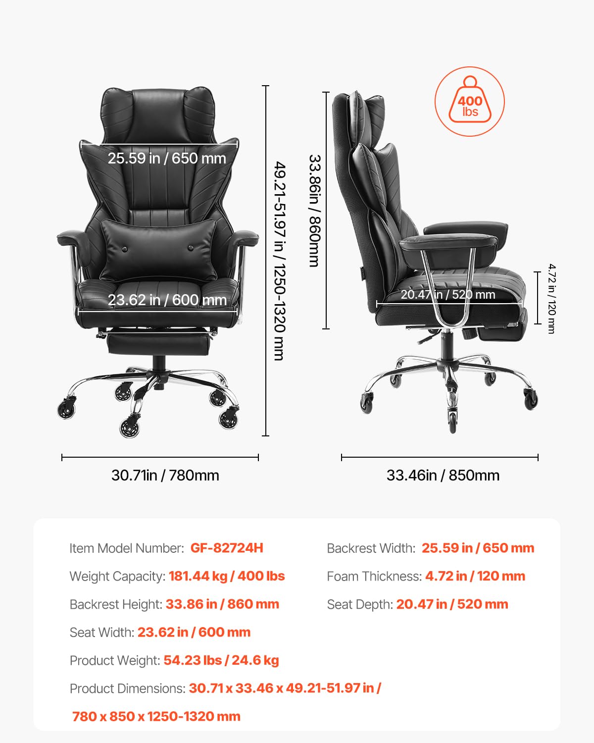 VEVOR Executive Office Chair with Footrest, 400lb Capacity Oversize Office Chair with Lumbar Pillow & Removable Armrests, Heavy Duty Ergonomic Chair, PU Leather Reclining Home Office Desk Chair, Black