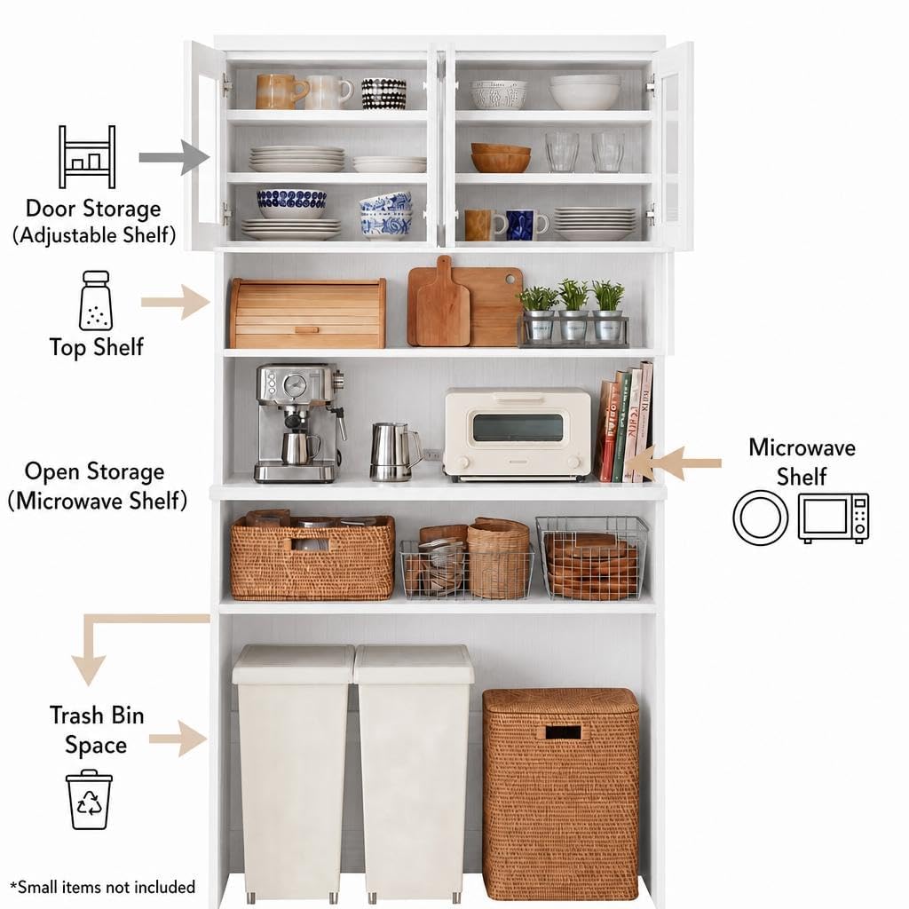 Garvee 71.5" Kitchen Cabinet with Trash Can Storage, Kitchen Trash Can Cabinet with Microwave Stand, 35.4" Wide Kitchen Pantry with Garbage Storage for Dining Room