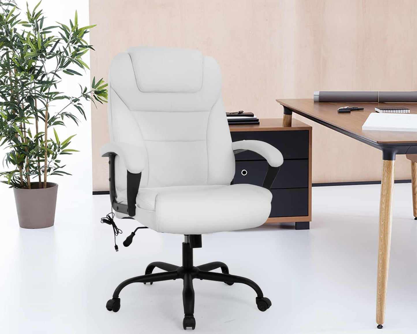 Big and Tall 500lbs Wide Seat Ergonomic Desk Chair with Lumbar Support Arms Headrest Massage Office Chair Rolling Swivel PU Leather Task Computer Chair for Adults (White)