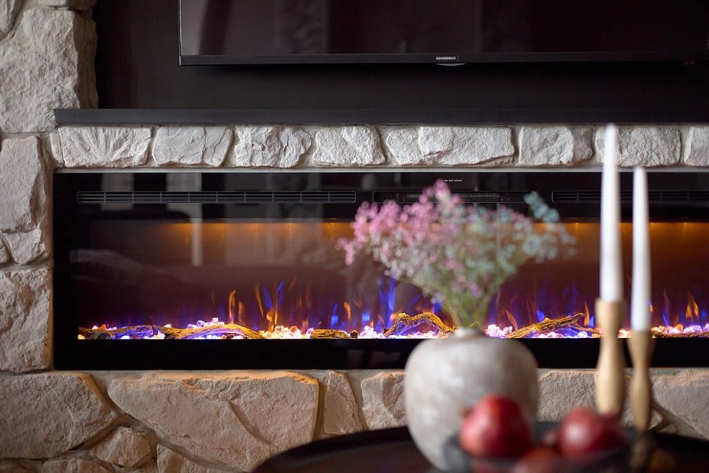 Mystflame 60 Inch WiFi Electric Fireplace Heater, Recessed or Wall Mounted, Ultra‑Slim 5.51" Deep, 750/1500W, 6 Flame Colors & 13 Ember Bed Colors,Remote & App Control, Alexa & Google Home