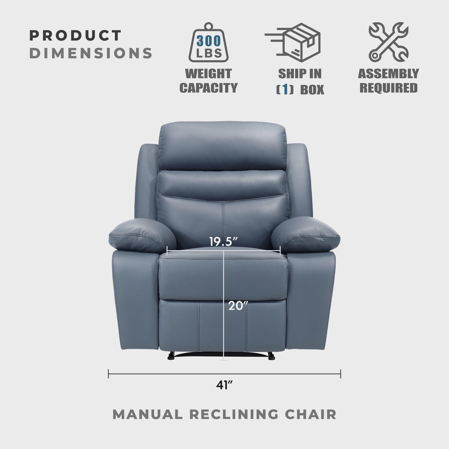 Lexicon 41" W Manual Reclining Chair, Top Grain Leather Match Recliner, Home Theater Seating, Wall Hugger Recliner, Manual Reclining Sofa Chair for Living Room/Office/Apartment, Blue