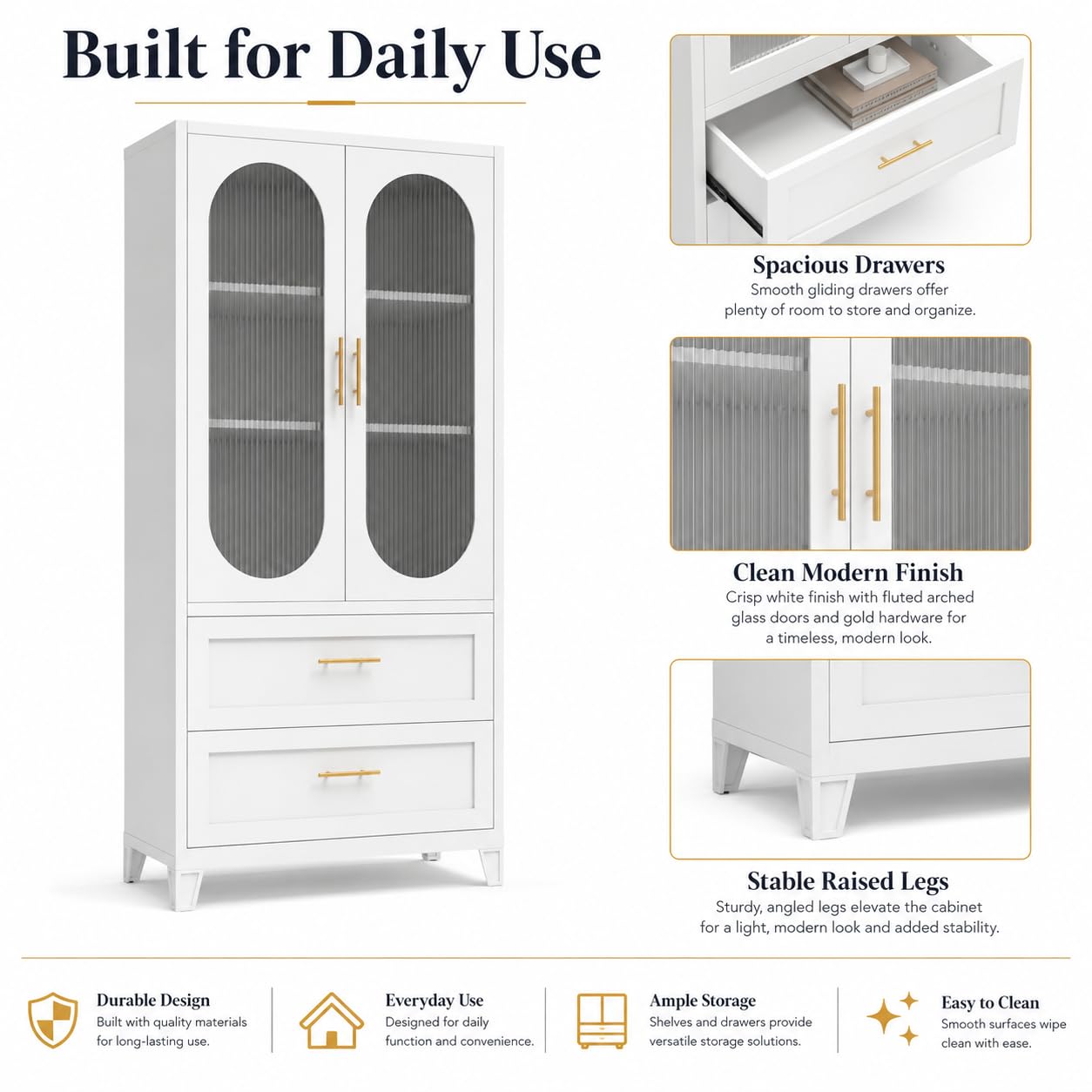 Garvee 74" H Storage Cabinet, Freestanding Pantry Cabinet, Frosted Glass Doors, Fluted Design, 4 Door Cabinet with Adjustable Shelf, Kitchen Bathroom Dining Room Living Room Office, White