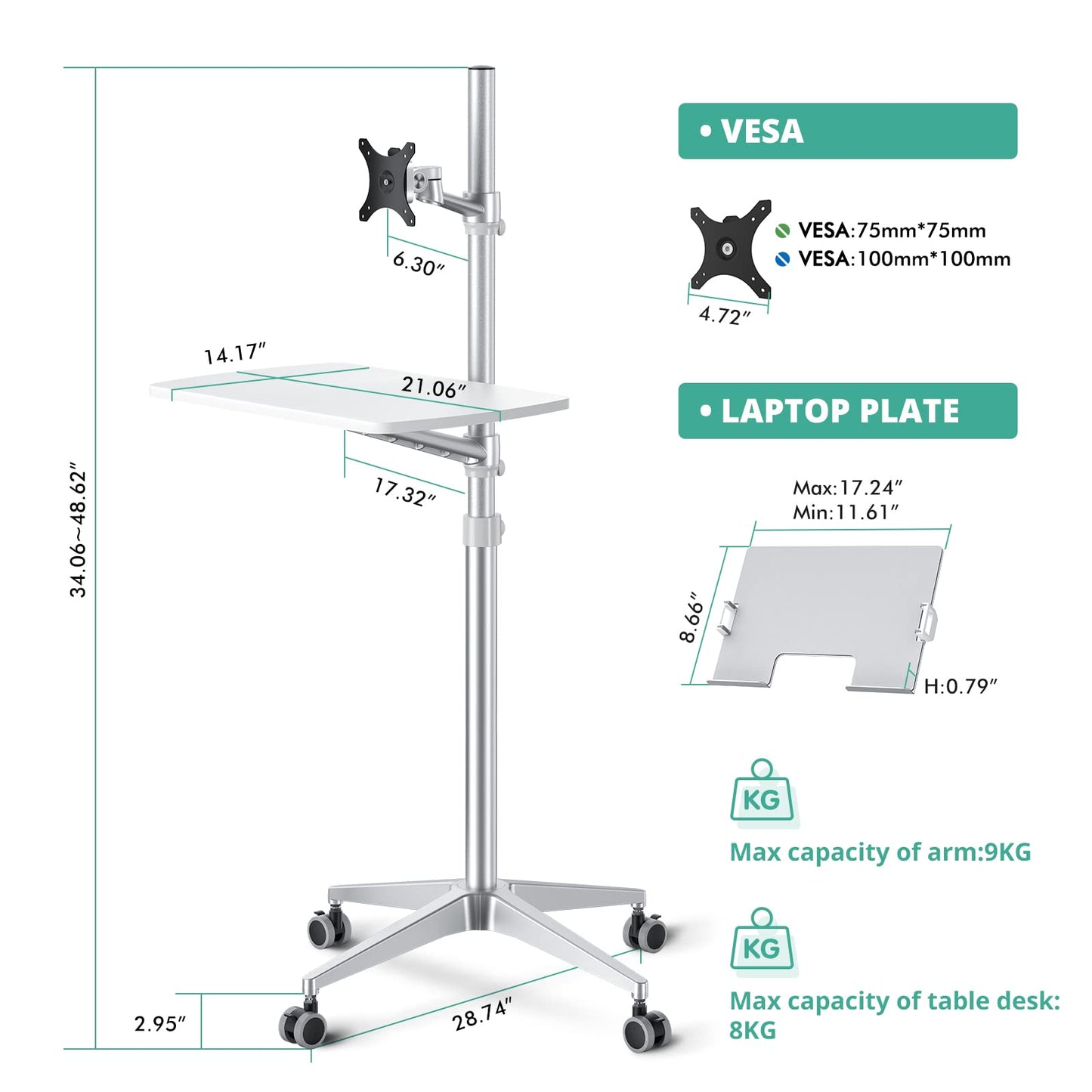 viozon Mobile Desk,Mobile Workstation,Mulitiuse Rolling Laptop Floor Stand,34"-48.6" Height Adjustable,Compatible with 17"-27"Monitor&12"-17"Laptop,21"×14" Desk Board,Maxload 17.6lbs,4 Lockable Wheels