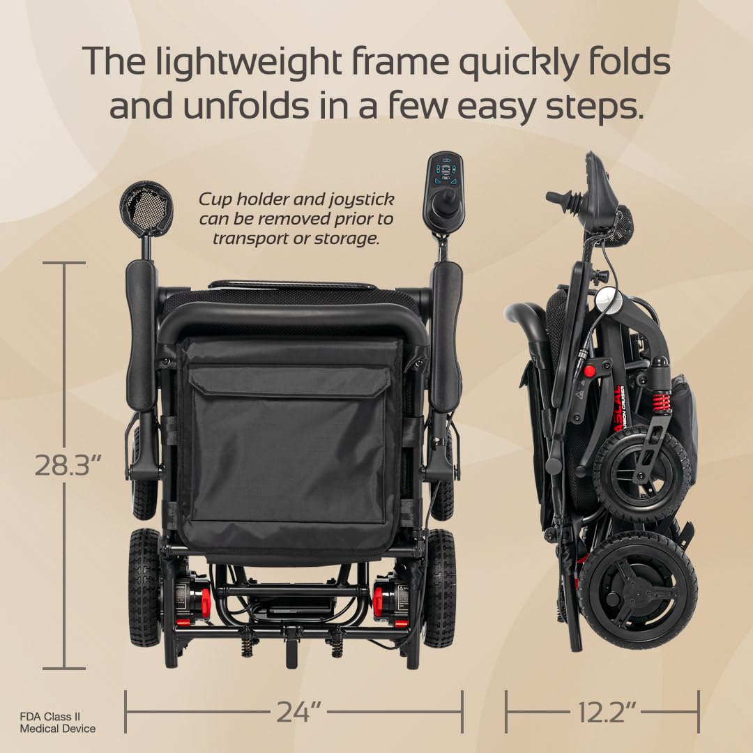 Rascal Carbon Cruiser Lightweight Foldable Electric Wheelchair for Travel, Carbon Fiber Power Chair, Portable Compact Design, 300 lb Capacity, Airline-Approved Battery