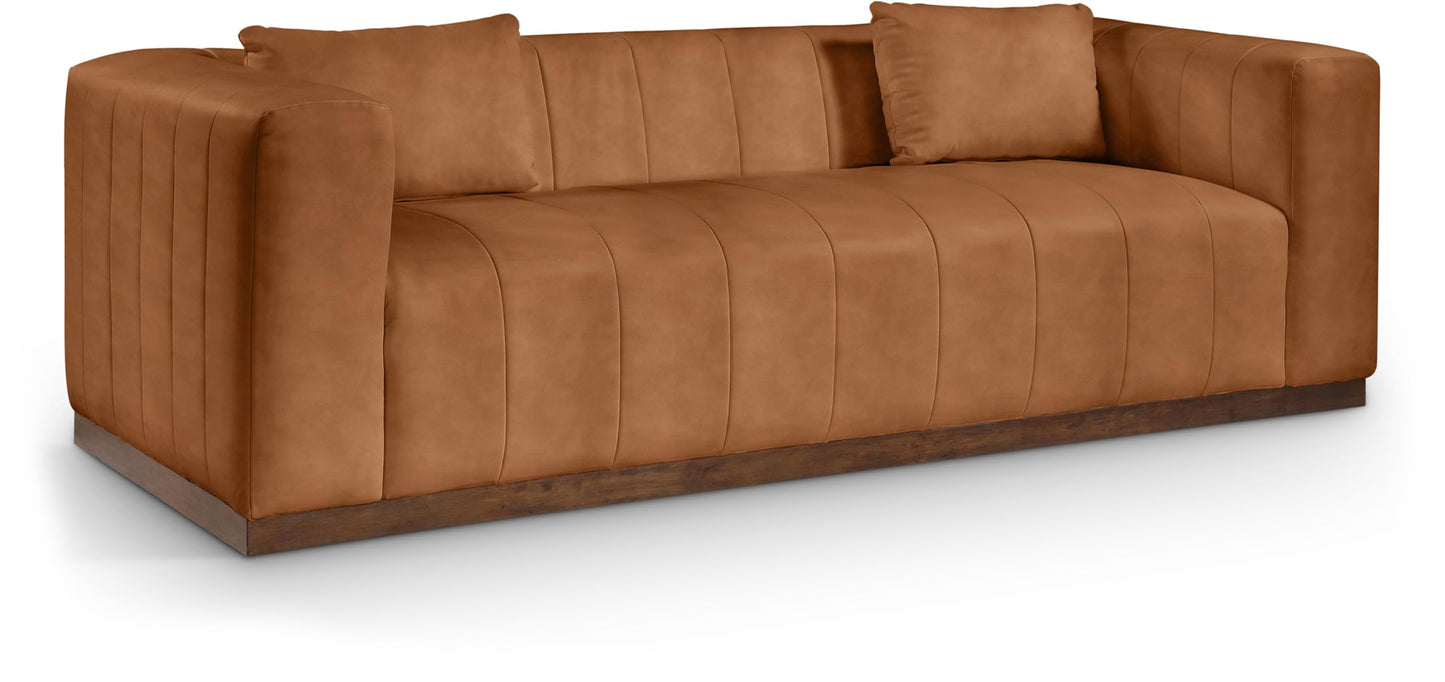 Meridian Furniture 44098Cognac-S Mallina Collection Modern | Contemporary Sofa with Soft Cognac Vegan Leather, Walnut Finish Solid Wood Base, Deep Channel Tufting, 90.5" W x 36" D x 28.5" H, Cognac