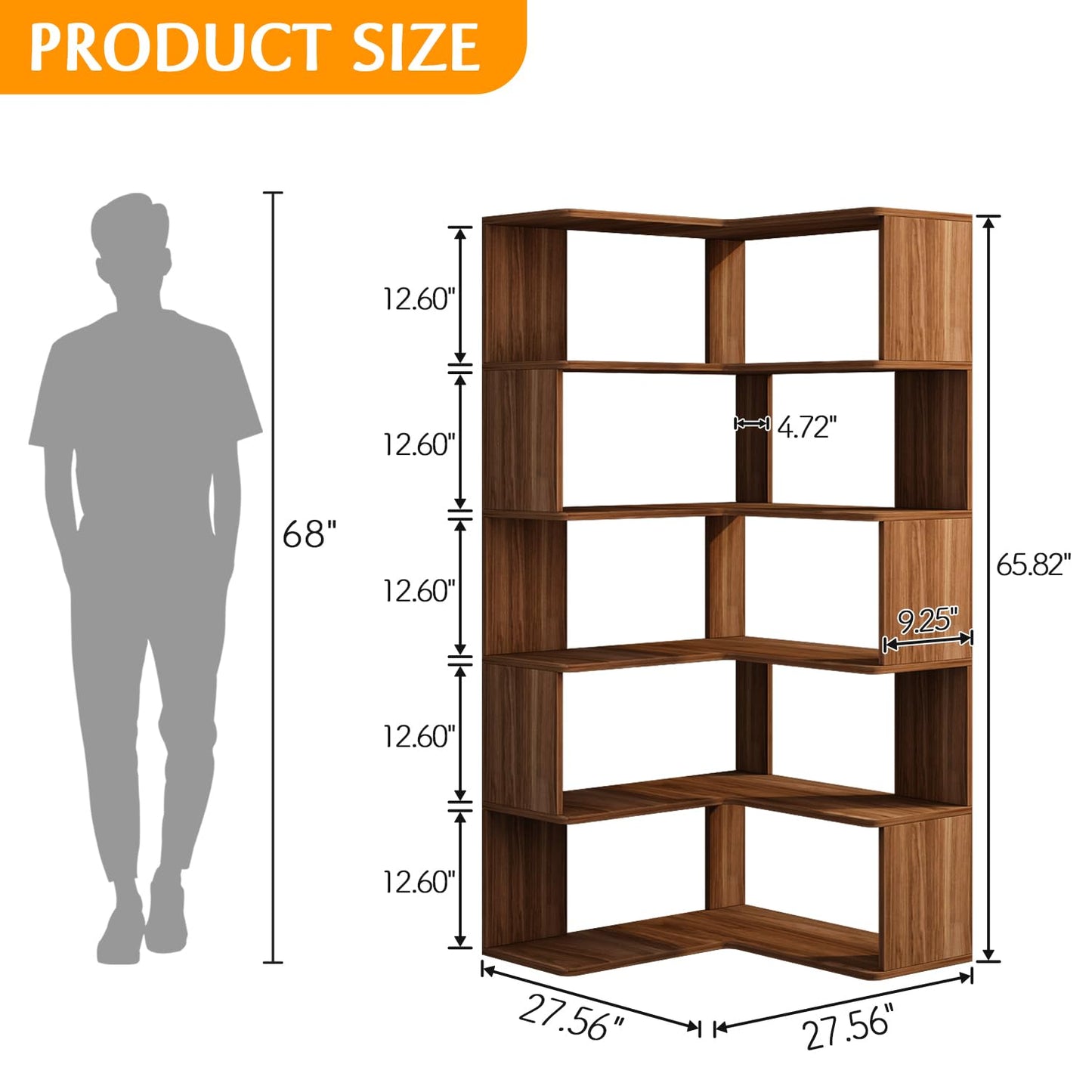 IOTXY 6-Tier L-Shaped Corner Bookshelf - 66" Tall Wooden Freestanding Bookcase with Open Shelf Units, Walnut