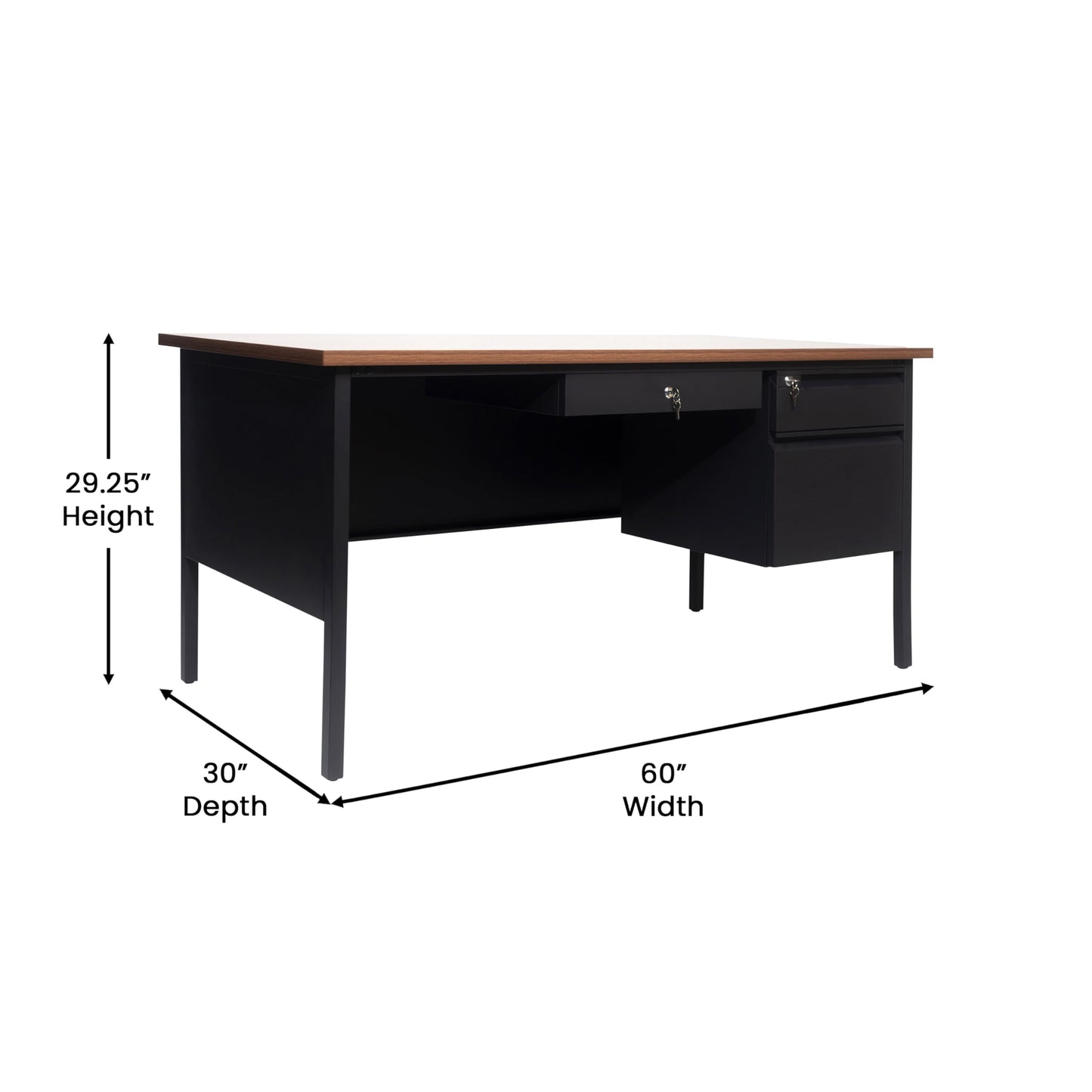 Flash Furniture Cambridge Right Side Single Pedestal Desk with 3 Locking Drawers, Commercial Grade Teacher's or Office Desk, 30x60, Metal Frame, Walnut/Black