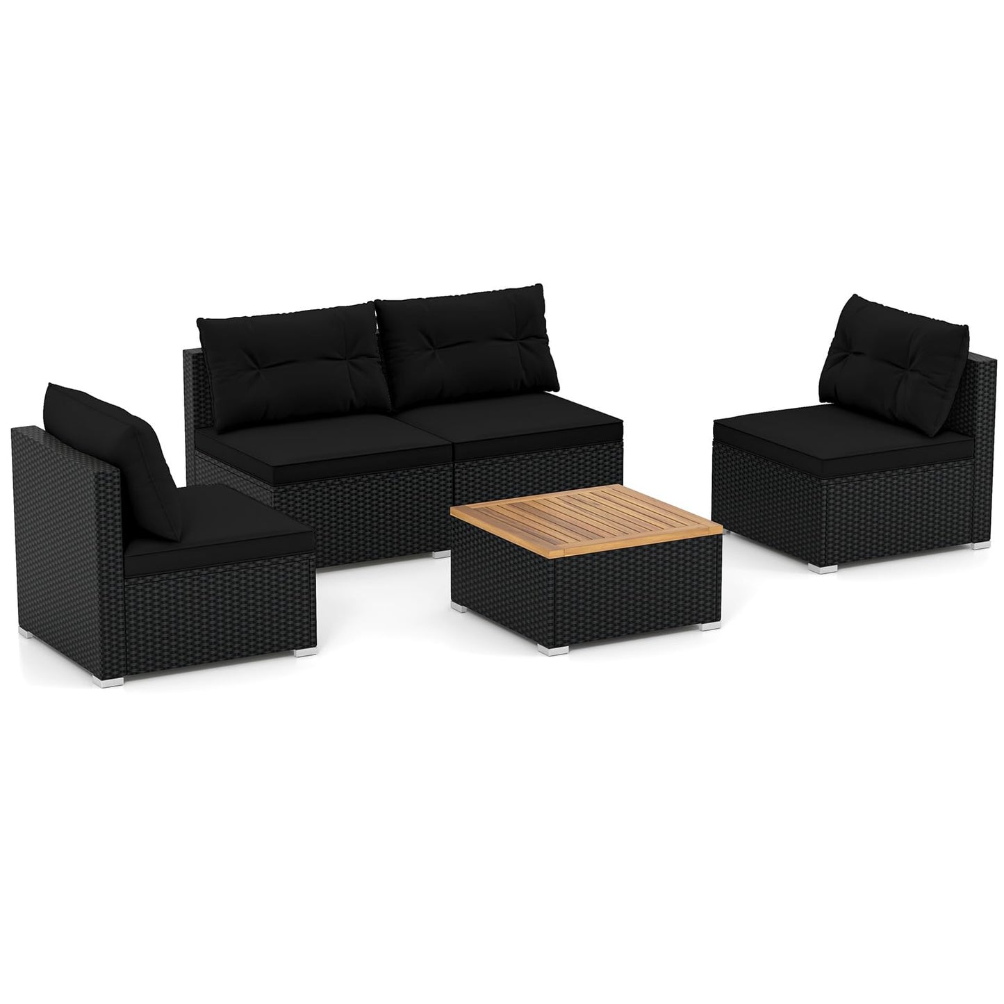 Tangkula 5 Pieces Wicker Patio Furniture Set, Outdoor 4 Armless Rattan Sofa & Coffee Table Set, with Cushions, Acacia Wood Tabletop, Sectional Patio Conversation Set for Lawn, Yard, Poolside, Black