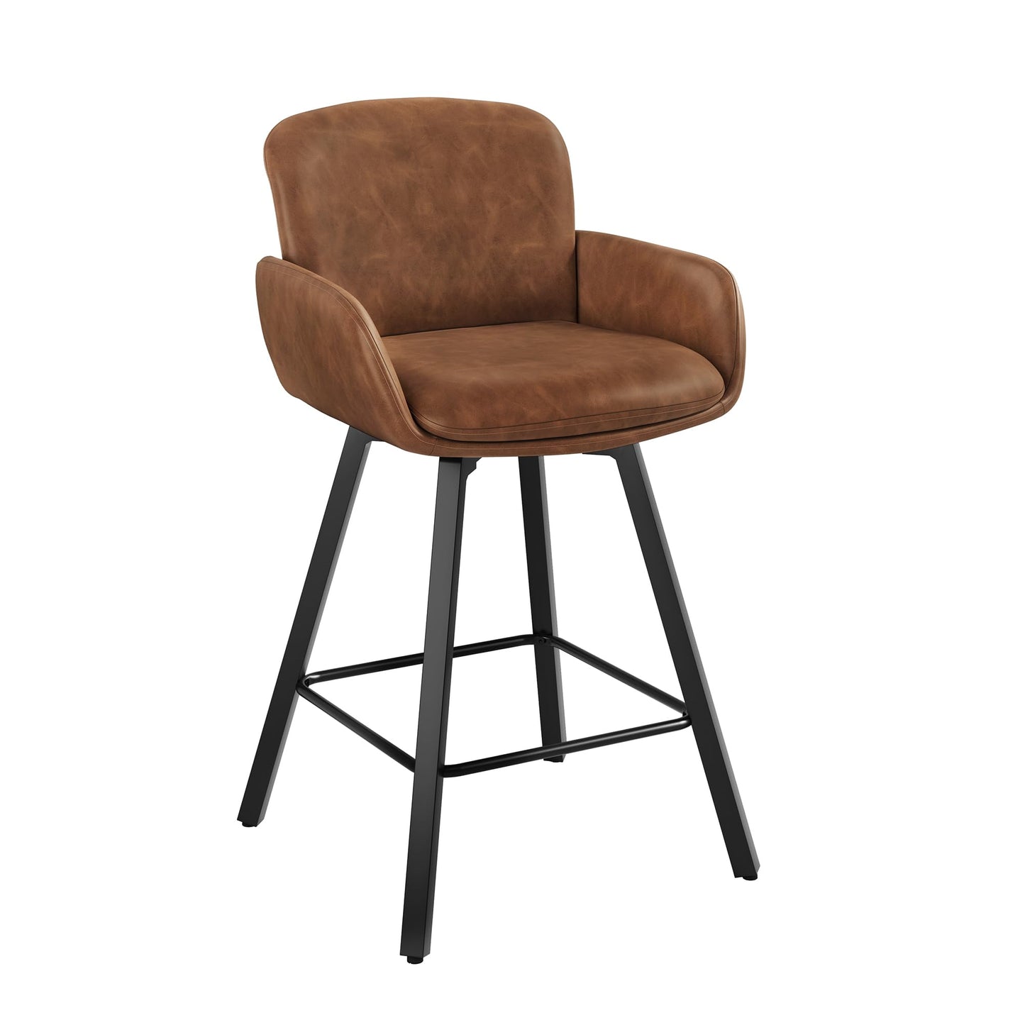LUE BONA 26" Swivel Bar Stools Set of 4, Counter Height Bar Stools with Backrest and Arms, Modern Upholstered Barstools with Metal Legs for Kitchen Island, Brown
