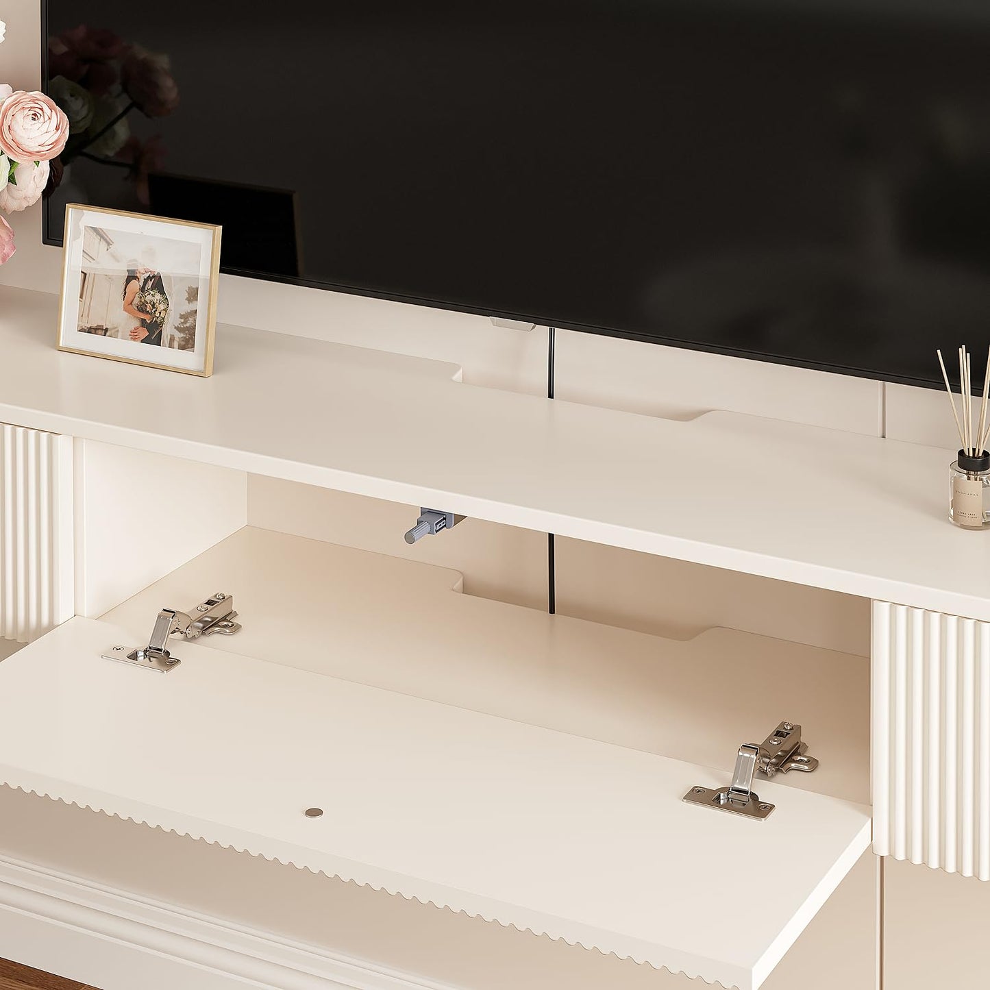 FloatiCasa Floating TV Stand with Drawers 94'',Wall Mount TV Stand,Floating Entertainment Center Shelf for Bedroom Living Room Under TV,Fully Assembled,Off-White