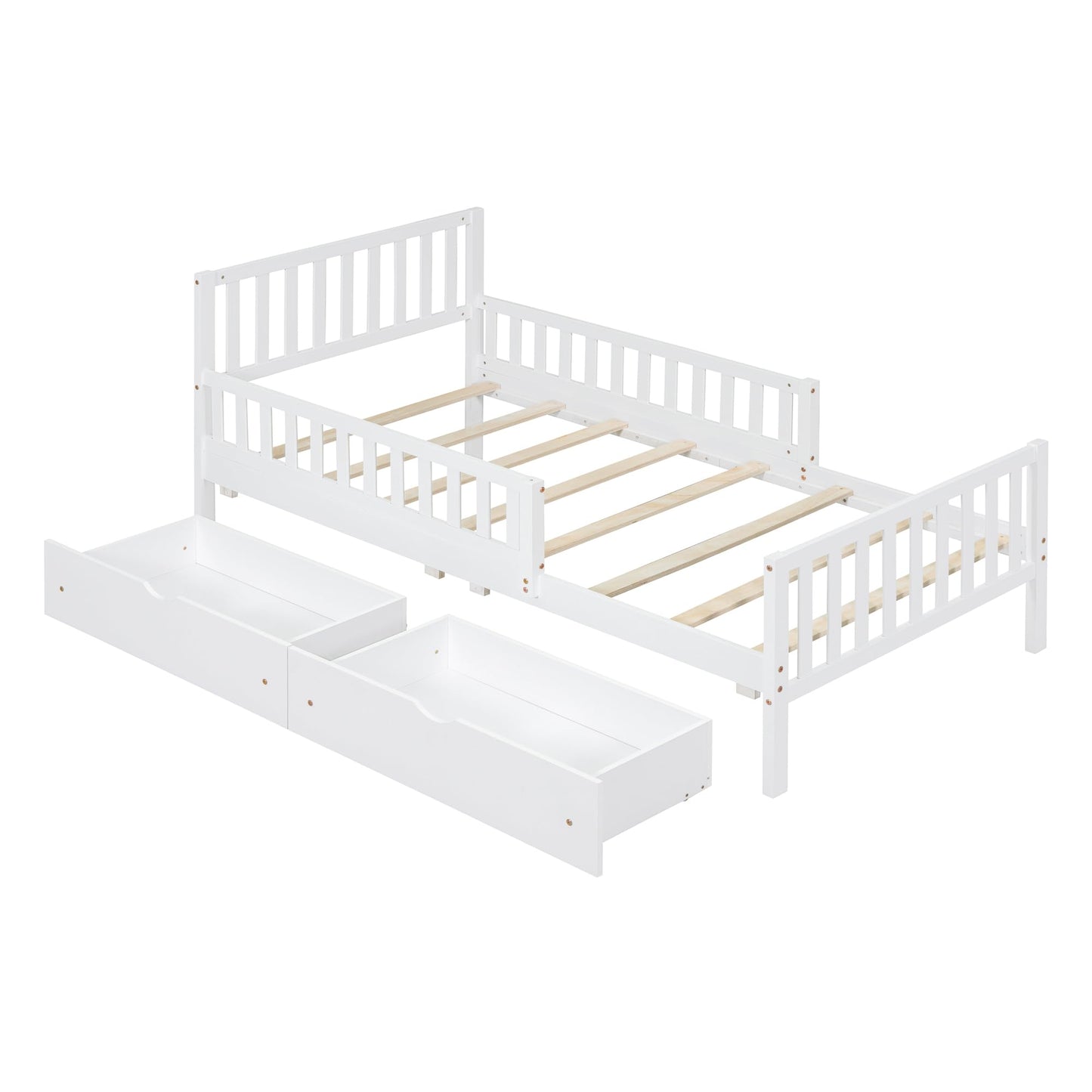 Merax Twin Size Platform Bed with 2 Storage Drawers and Both Sides Guardrails, Wood Bed Frame for Bedroom, Guest Room, No Box Spring Needed, White