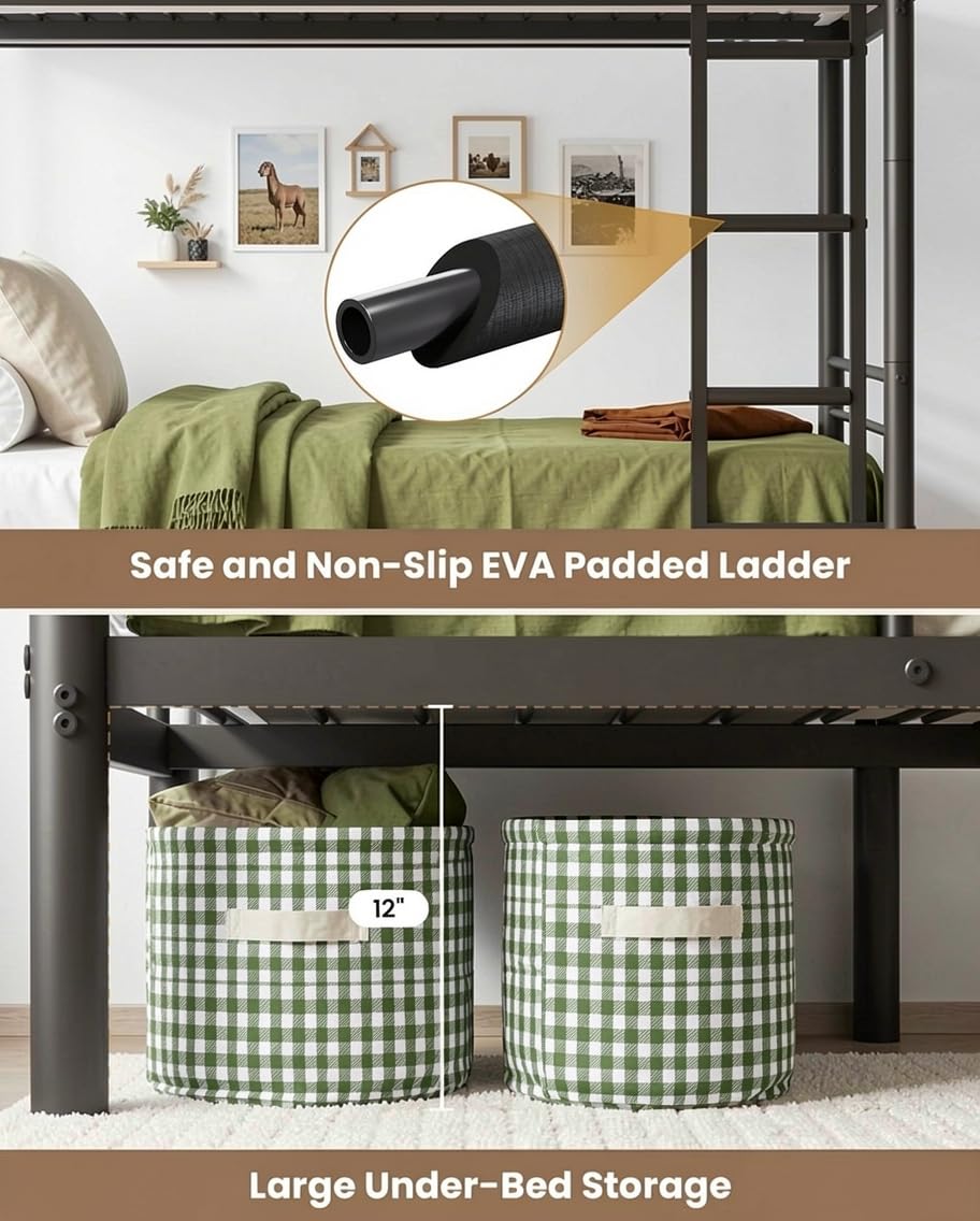 Mixcous Full Over Full Bunk Bed for Adults, Heavy Duty Metal Bunk Bed Frame, Convertible into 2 Full Beds, Noise-Free, Full-Length Guardrails & EVA Padded Ladder, No Box Spring Needed, Black