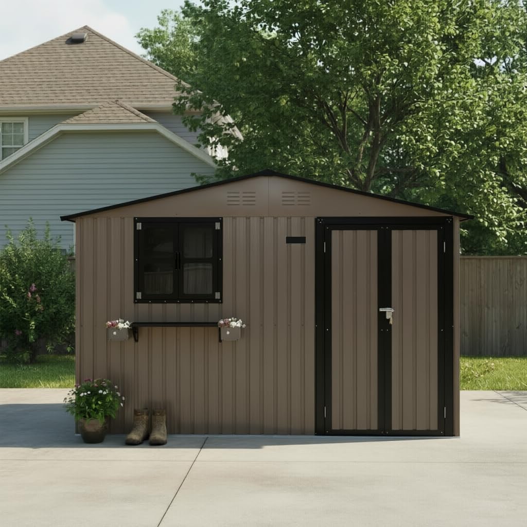 10x8 FT Storage Shed,Outdoor Metal Building Backyard Shed with 2 Clear Openable Windows,Windowsill & Garden Bed Flower Rack,Lockable Double Doors Tool Shed, Heavy Duty Waterproof,for Yard,Brown