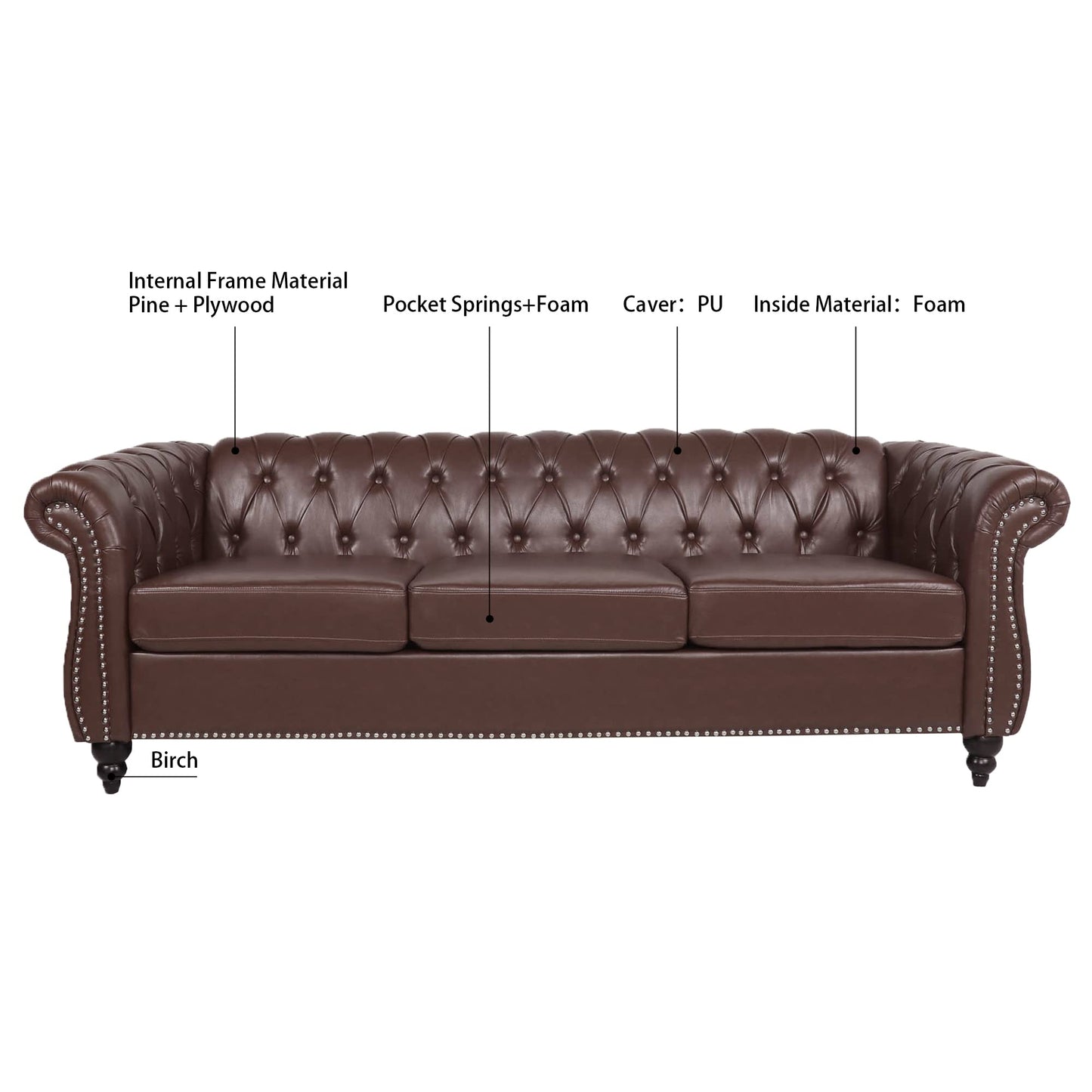 Ball & Cast 84" Chesterfield Leather Sofa with Channel Tufted Seat Back,Classic 3 Seater Couch w/Roll Arm Nailhead Trim and Upholstered,Mid Century Furniture for Living Room,Office,Dark Brown PU