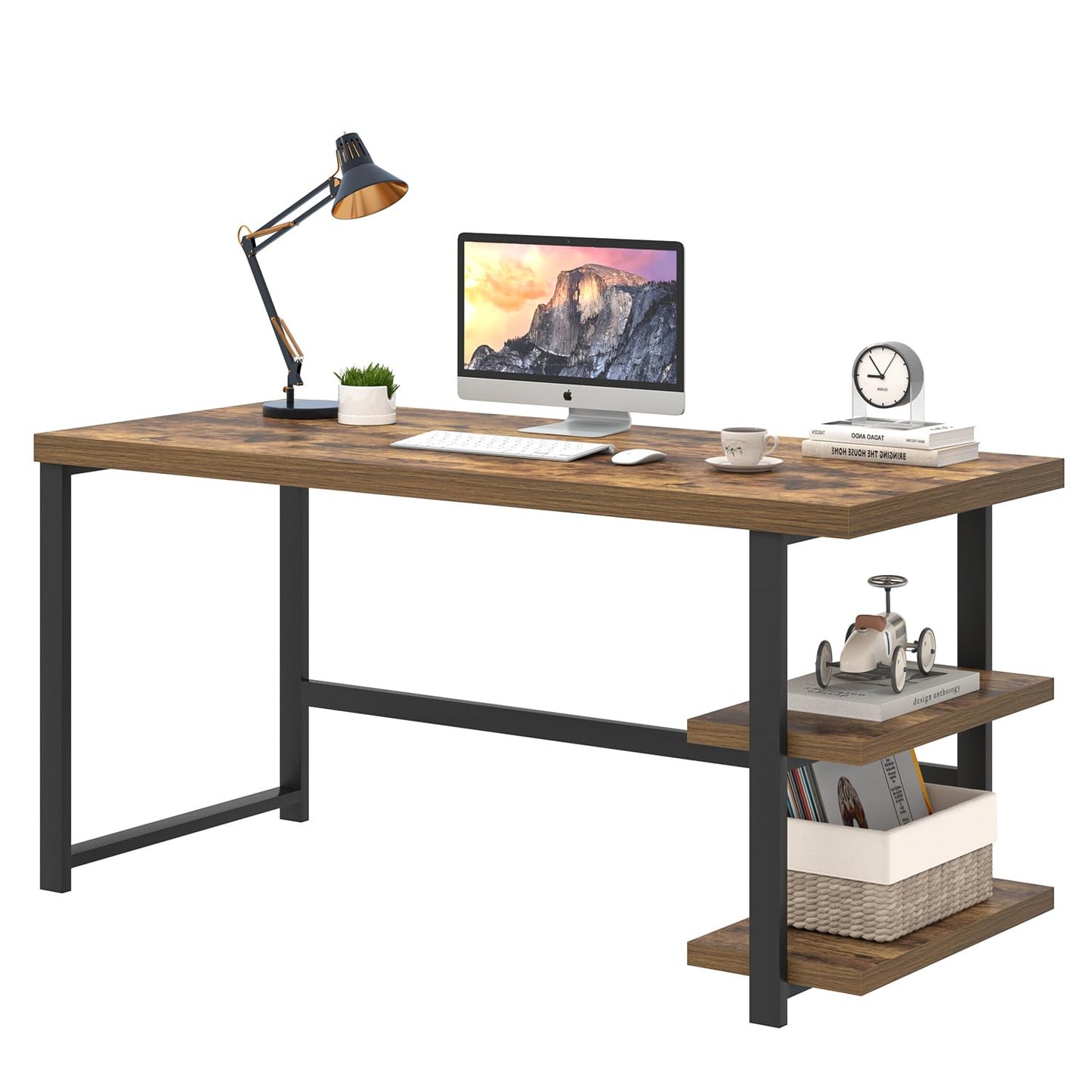 EXCEFUR Modern Computer Desk, Home Office Desk with Storage Shelf, Wood Study Writing Table Workstation for Bedroom Living Room, Rustic Brown, 53 Inch