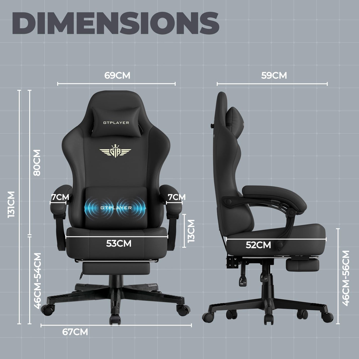 GTPLAYER Big and Tall Gaming Chair 400lbs Heavy Duty Office Chair with Footrest, High Back Pocket Spring Ergonomic Computer Chair for Adults, Wide Cushion with Linkage Armrests,Leather Black-Massage