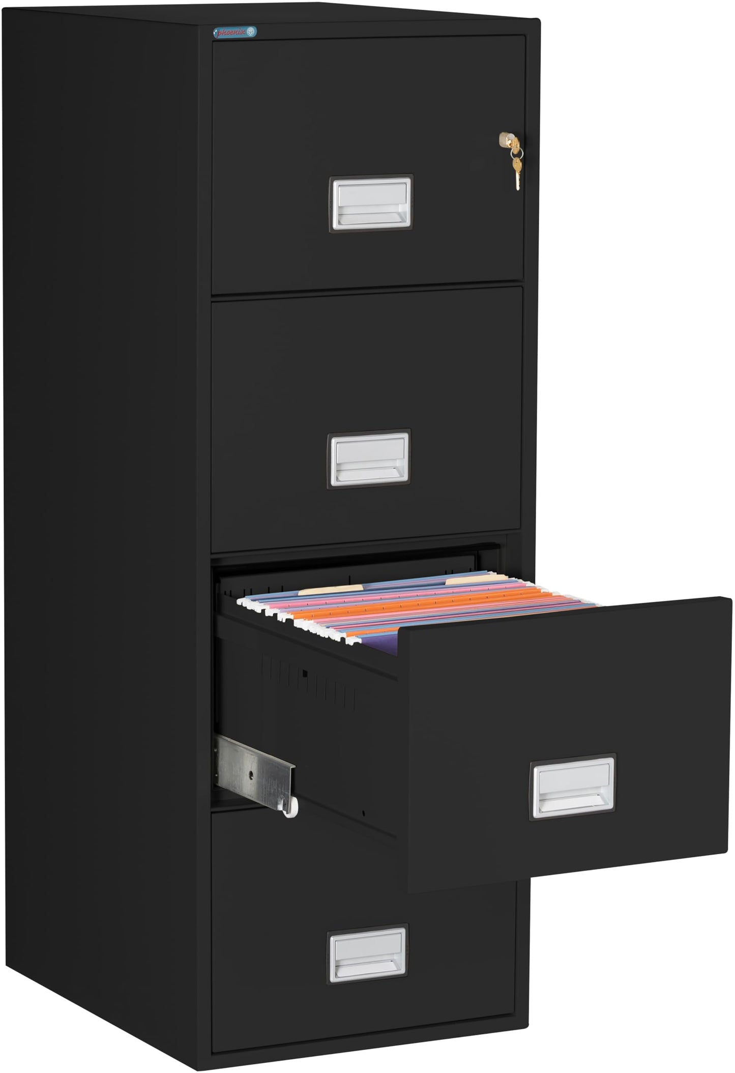 Phoenix Safe 25 inch 4-Drawer Vertical Fireproof File Cabinet – Legal and Letter Size Filing – Key Lock – Water Resistant Seal – Fire and Impact Rated – Black Finish – Model LGL4W25B