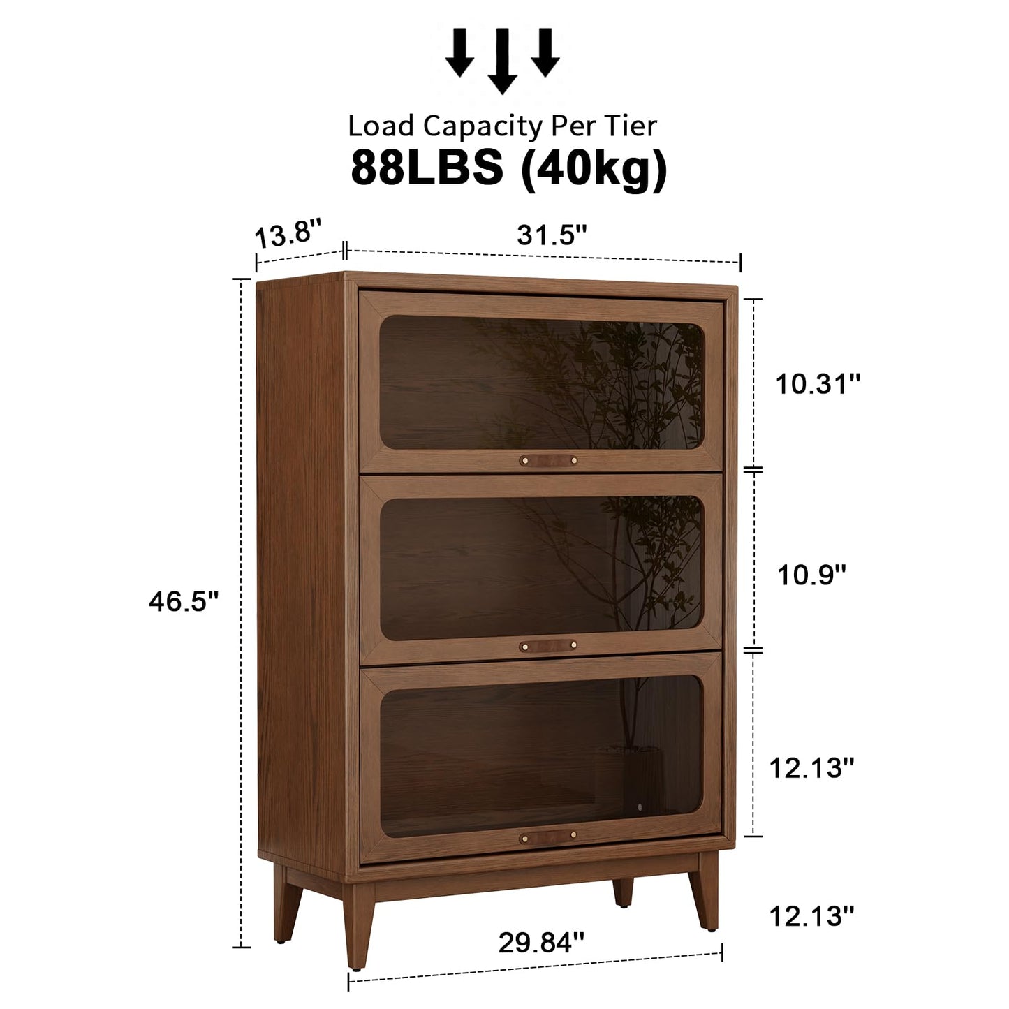 AQIMUELE Solid Wood Storage Cabinet with Glass Doors, 3 Shelf Small Storage Cabinet, Mid Century Modern Bookcase, Kitchen Pantry Cabinet (Walnut-Clear Glass, 31.5" W)