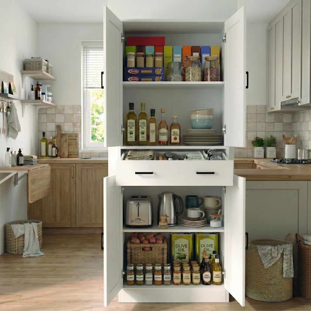 DIYART 71" Tall Kitchen Pantry Cabinet, Freestanding Food Storage Cupboard with Drawer and 4 Doors, Large White Utility Floor Cabinet with Adjustable Shelves for Dining Room, Home Office