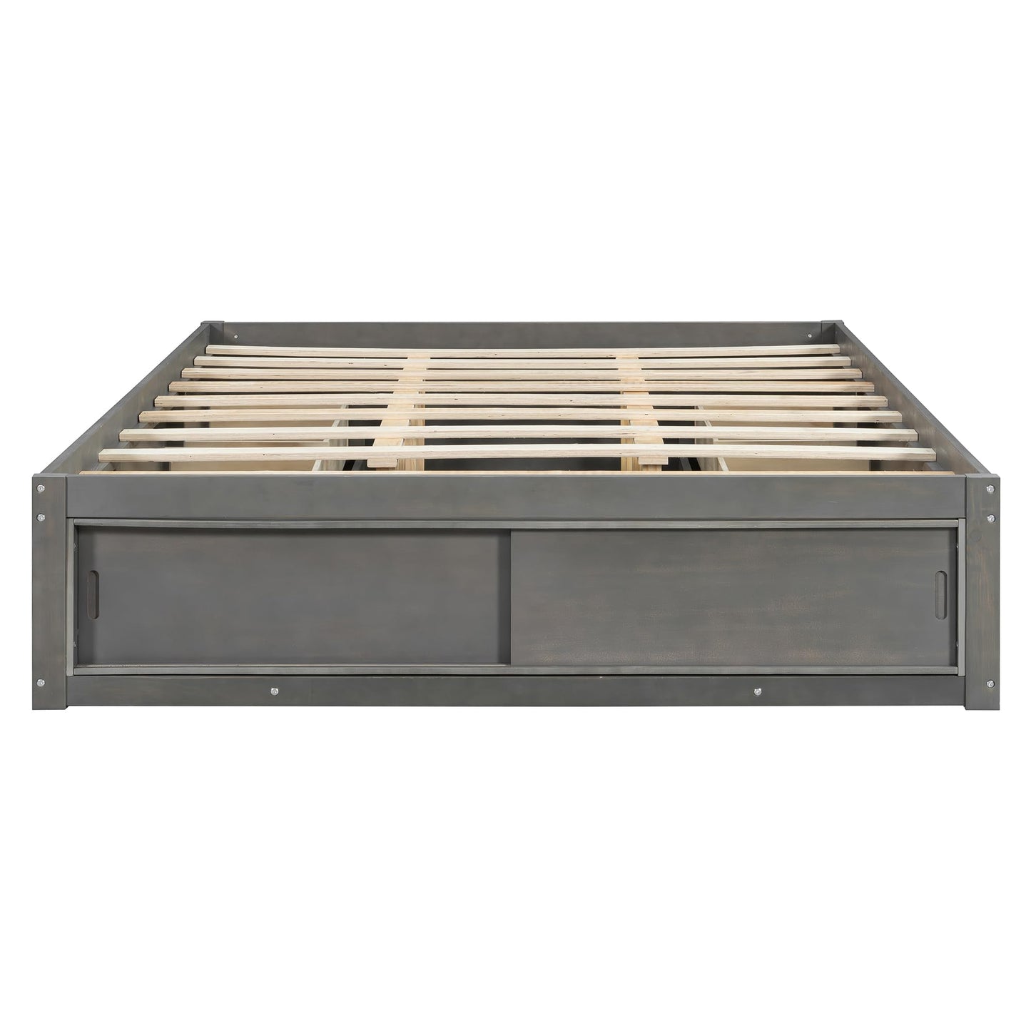 Merax Queen Size Wood Platform Bed with 4 Underbed Drawers and Footboard Storage Cubby, Minimalism Bed Frame with Solid Wooden Slat Support for Bedroom, No Box Spring Needed, Easy Assembly, Gray
