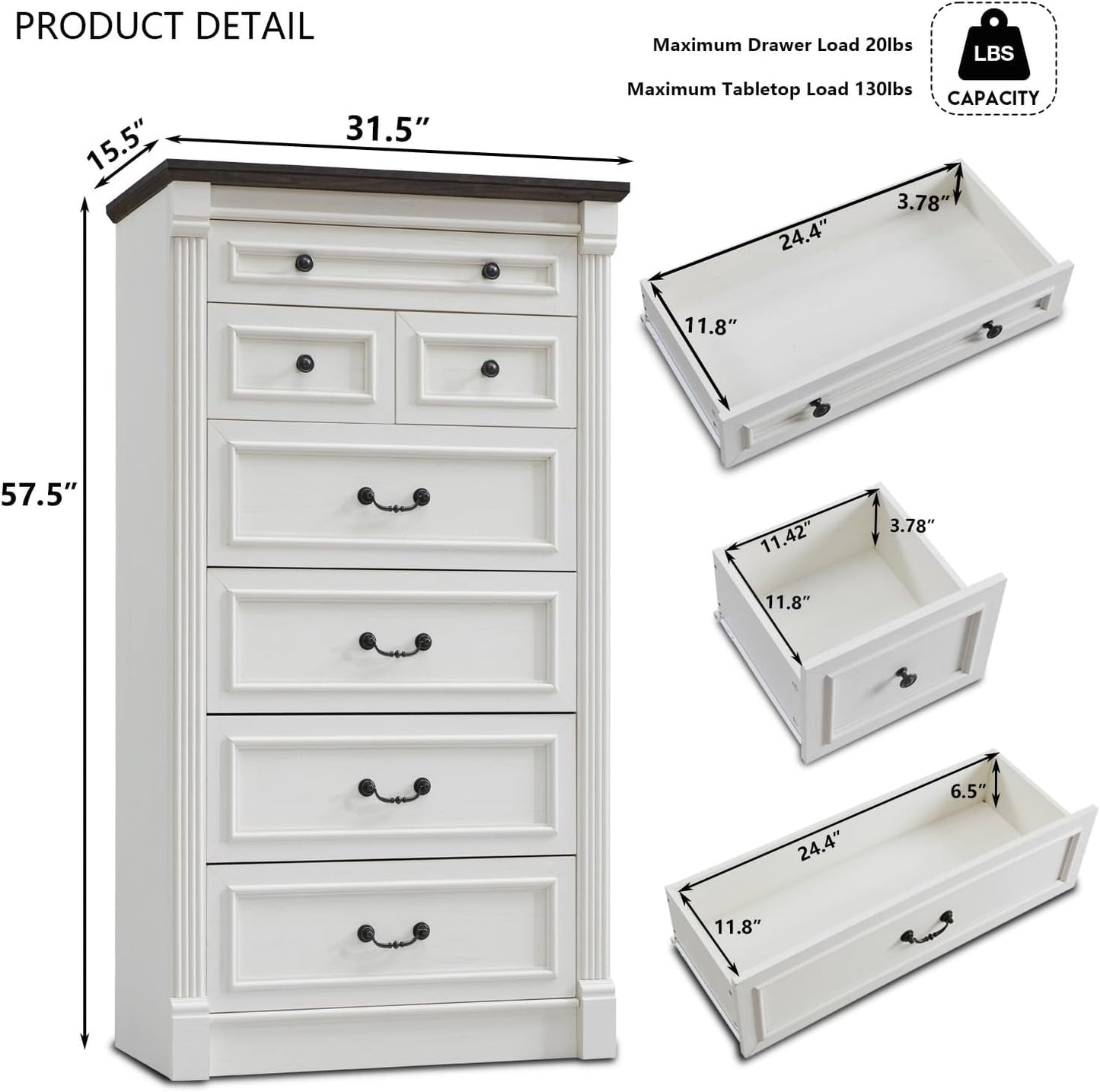 Aitjunz Farmhouse 7 Drawers Dresser for Bedroom, 57" Tall Dressers & Chests of Drawers w/Roman Column, Large Storage Dressers Organizer for Bedroom, Hallway, Living Room, White