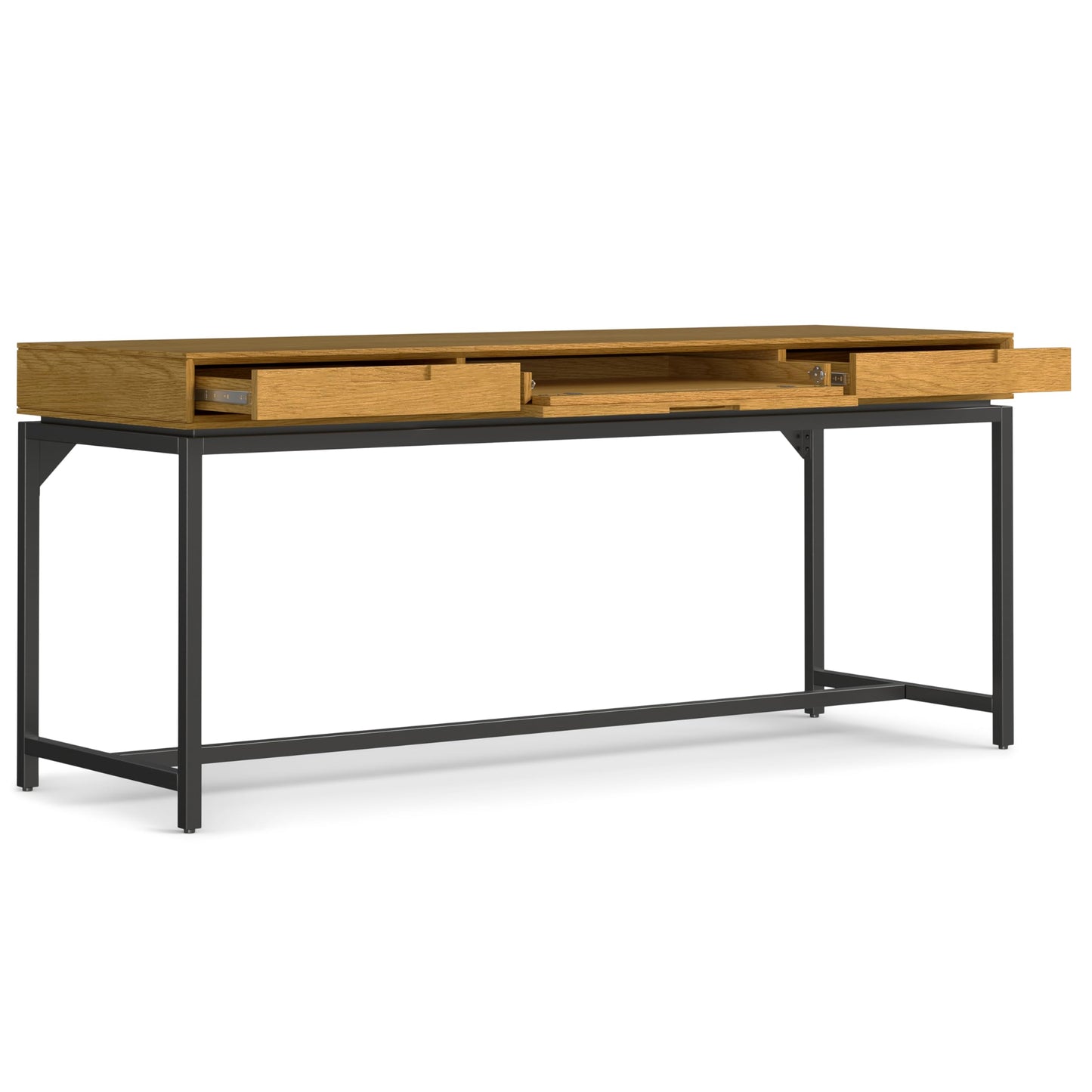 SIMPLIHOME Banting Desk - 72 Inch Wide Solid Oak Veneer and Metal Writing Desk in Oak, Modern Industrial Home Office Computer Table for Study with 2 Drawers and Flip-Down Keyboard Tray